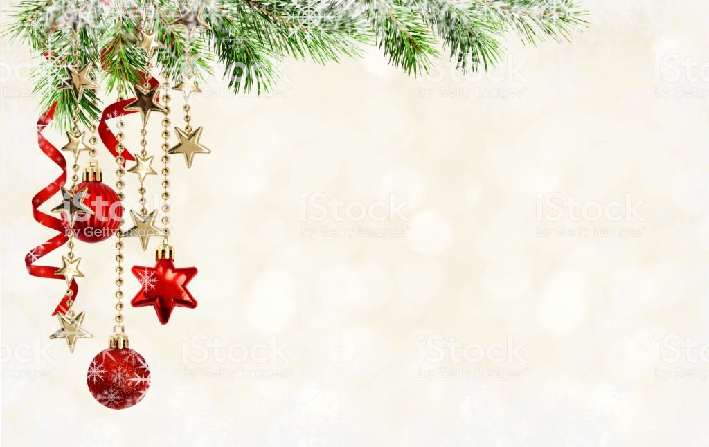 Christmas Background With Green Pine Twigs Hanging Red Decorations