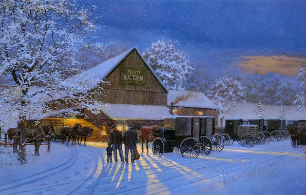 Horses Wagons Winter Snow Night Wallpaper Photos Pictures
