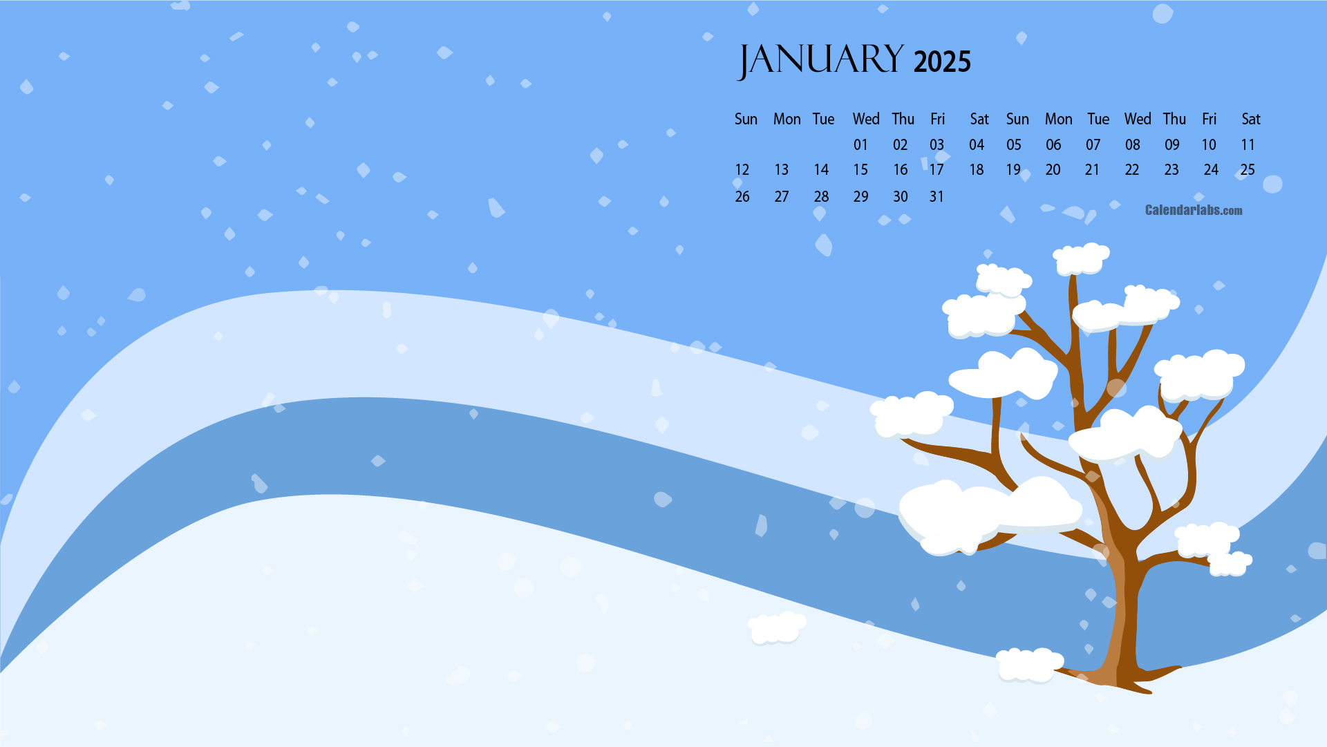 January 2025 calendar with a snowy winter scene