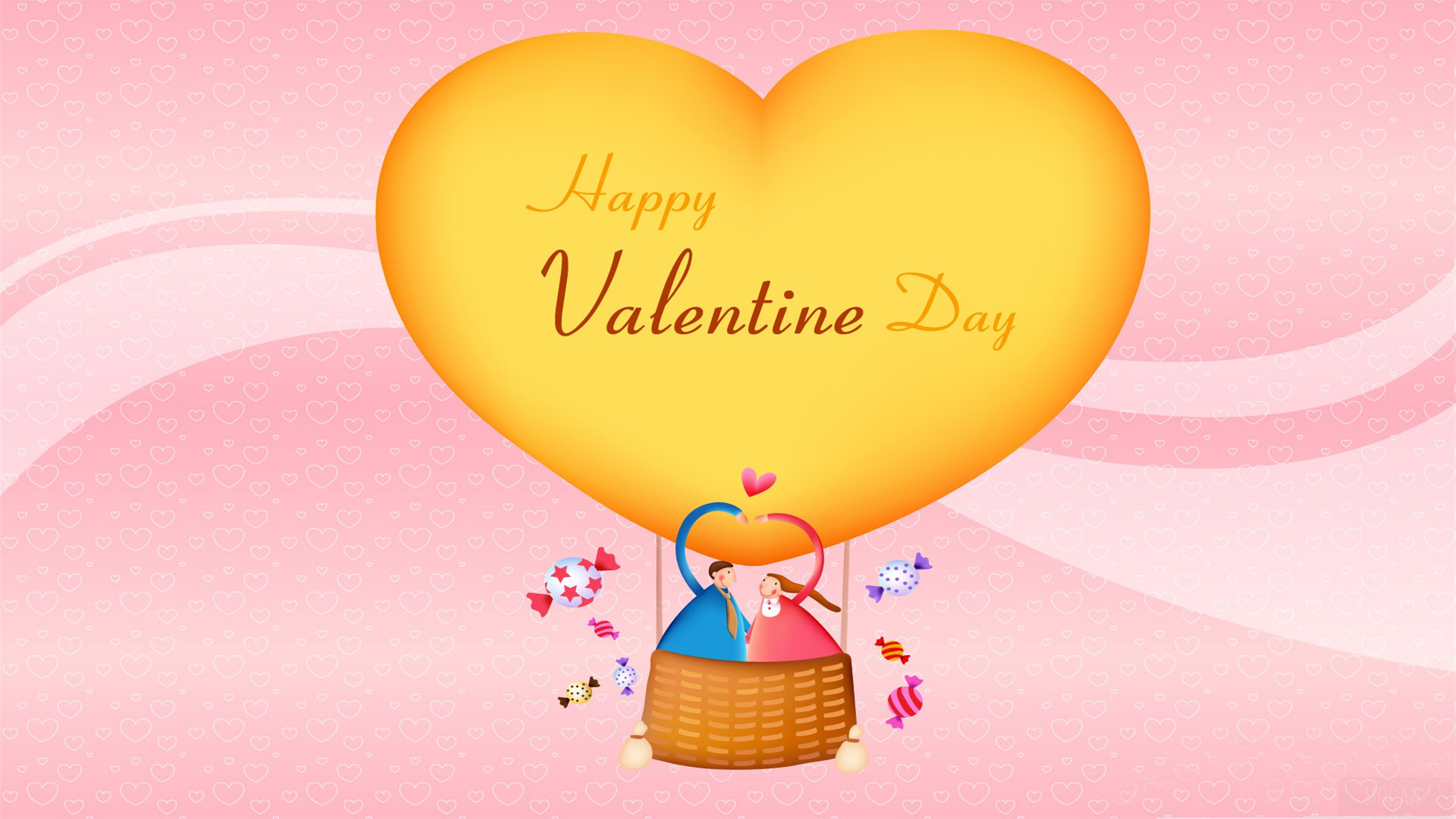 A couple in a hot air balloon shaped like a heart floats against a pink background with small hearts, celebrating Valentine's Day