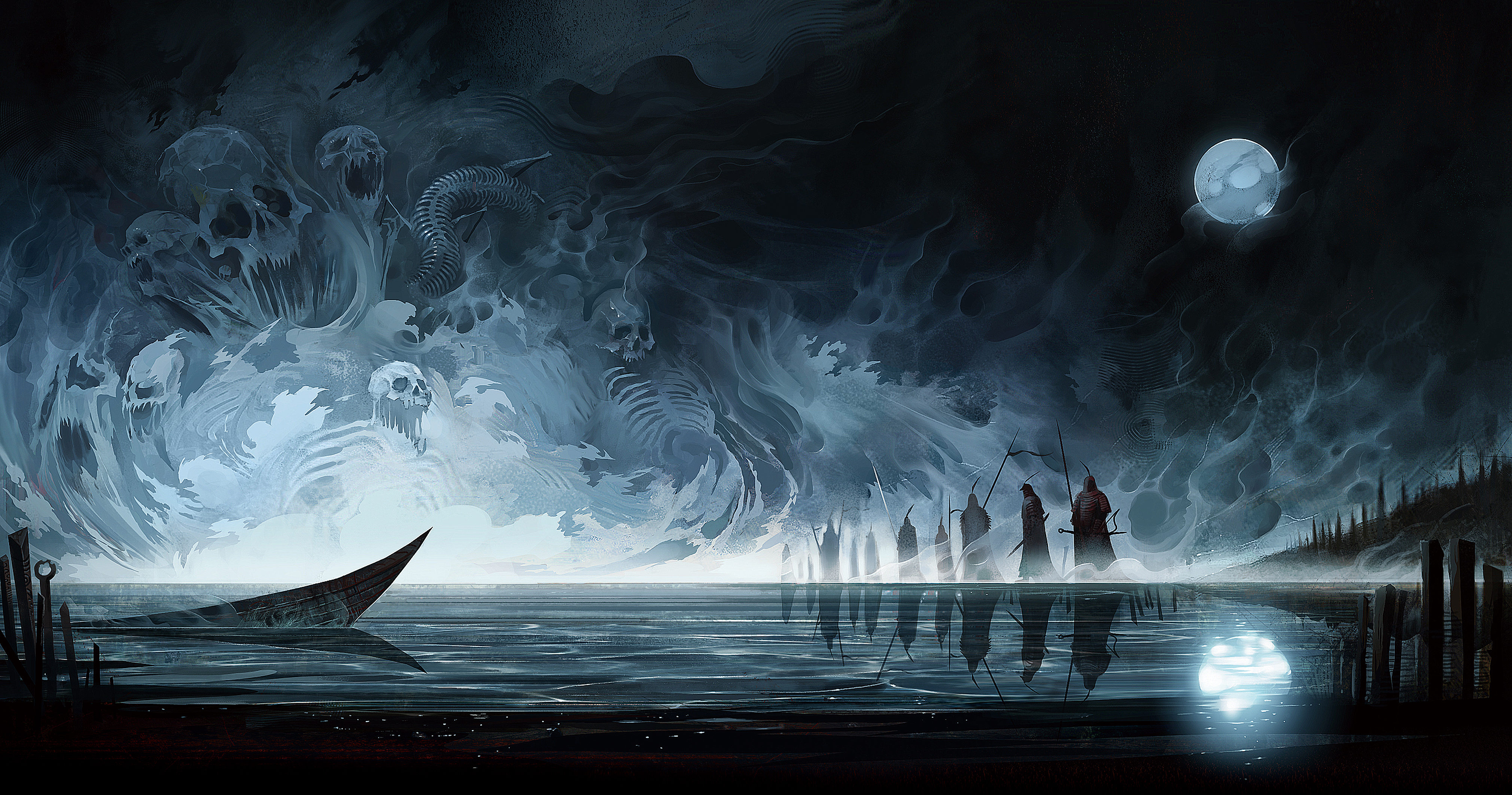 Fantasy Art Hell Reflection Boat Spirit Soul Moon Hungry Ghosts