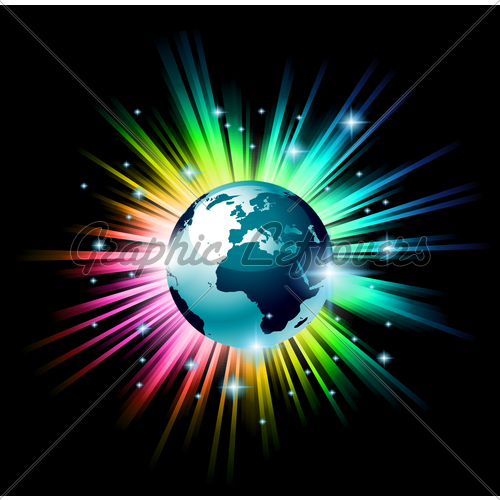 Globe 3d Illustration With A Rainbow Light Explosion