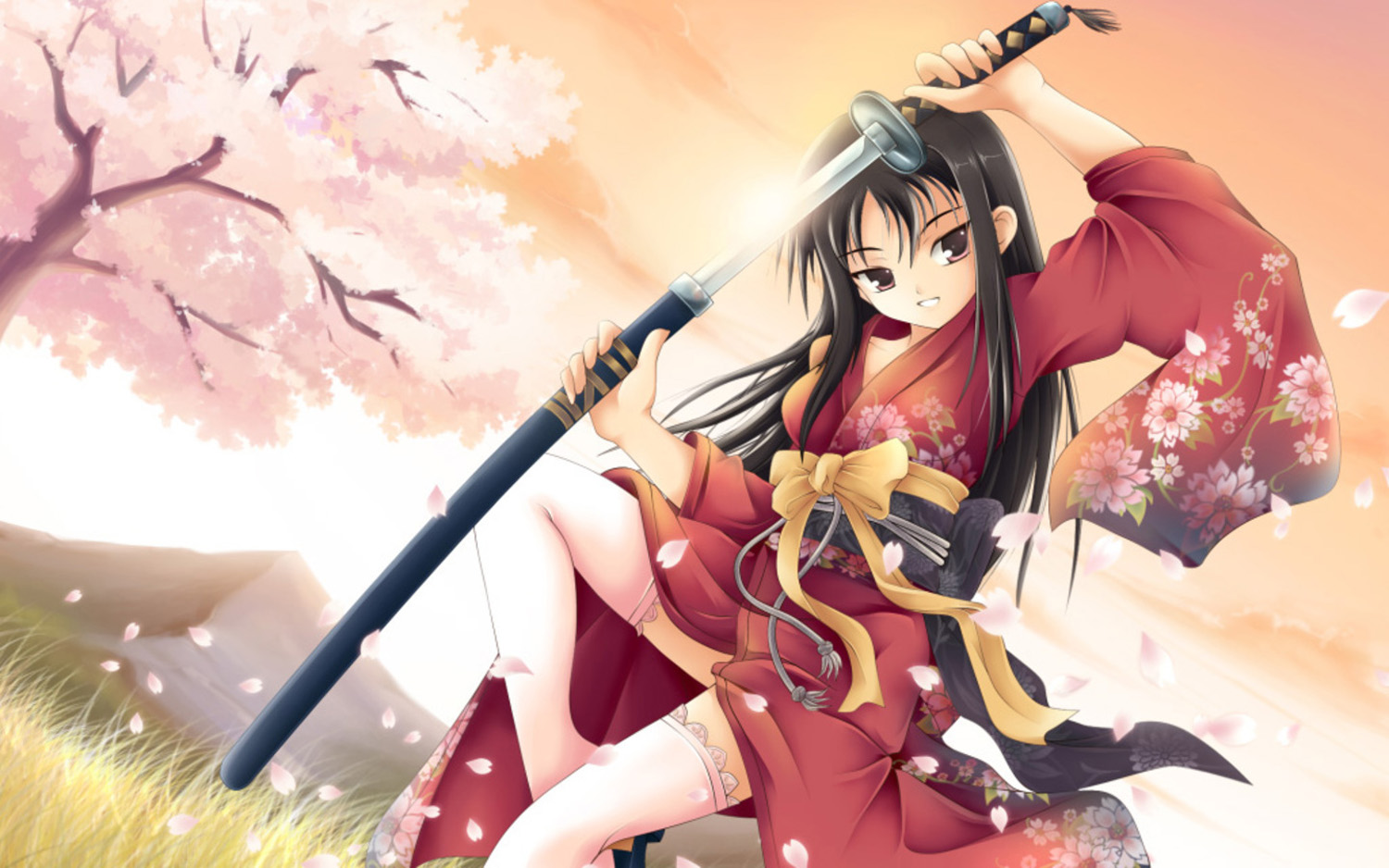 Anime Samurai Girl Sword Katana Cherry Blossom Kimono HD Wallpaper