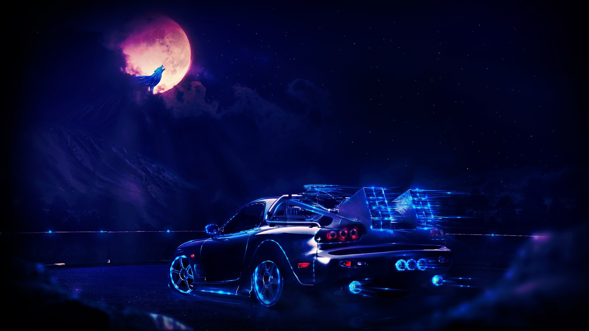 A futuristic neon-lit sports car speeding under a large, pink moon with a wolf howling in the background, set against a backdrop of mountains and a starry night sky