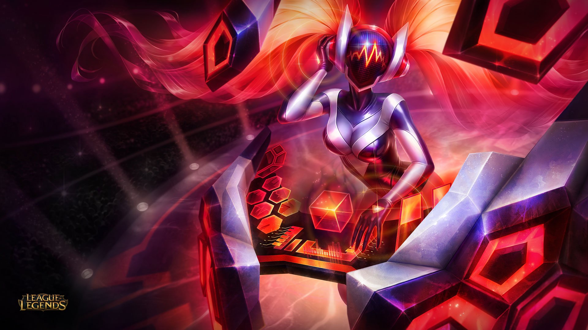 DJ Sona skin from League of Legends, playing music on a futuristic DJ console