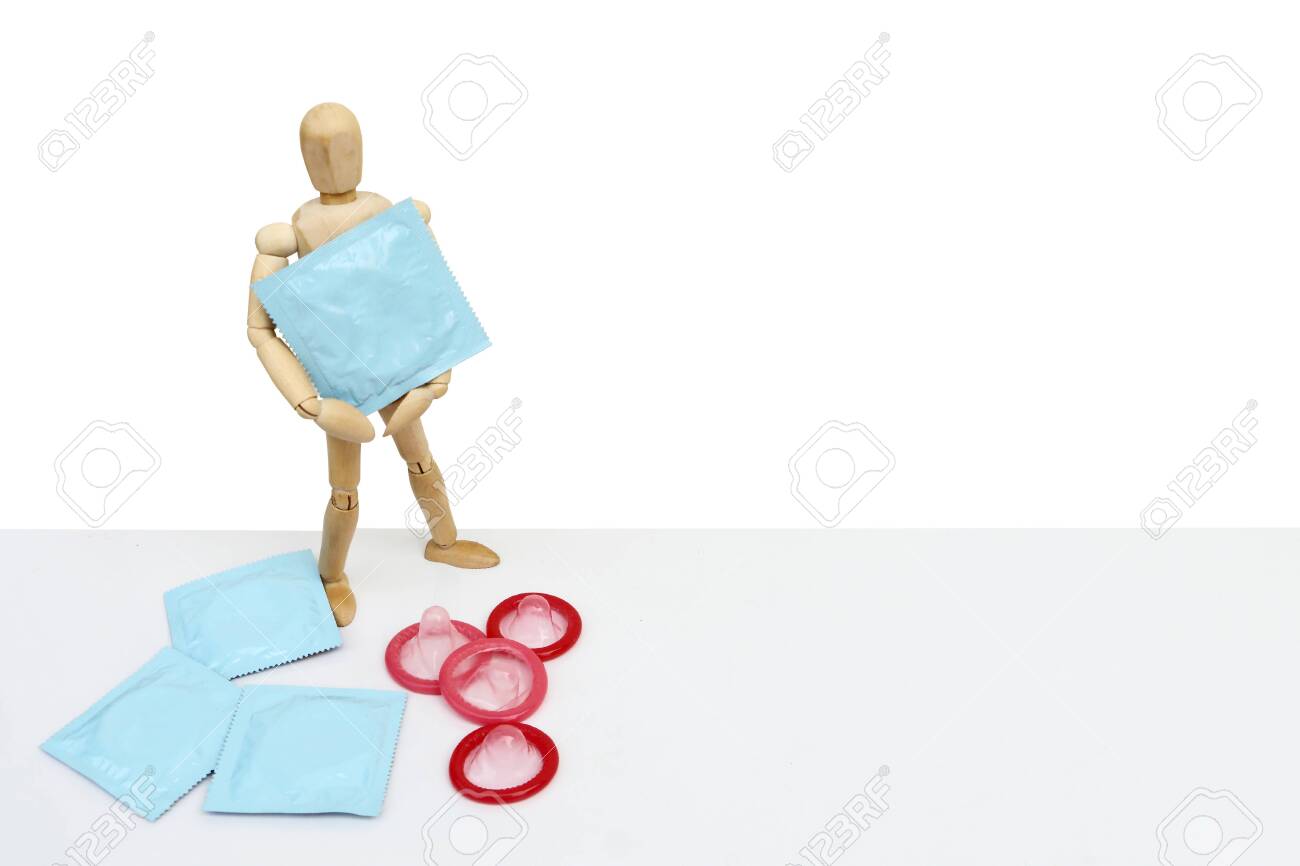Puppet Doll And Condom Isolated White Background Saved