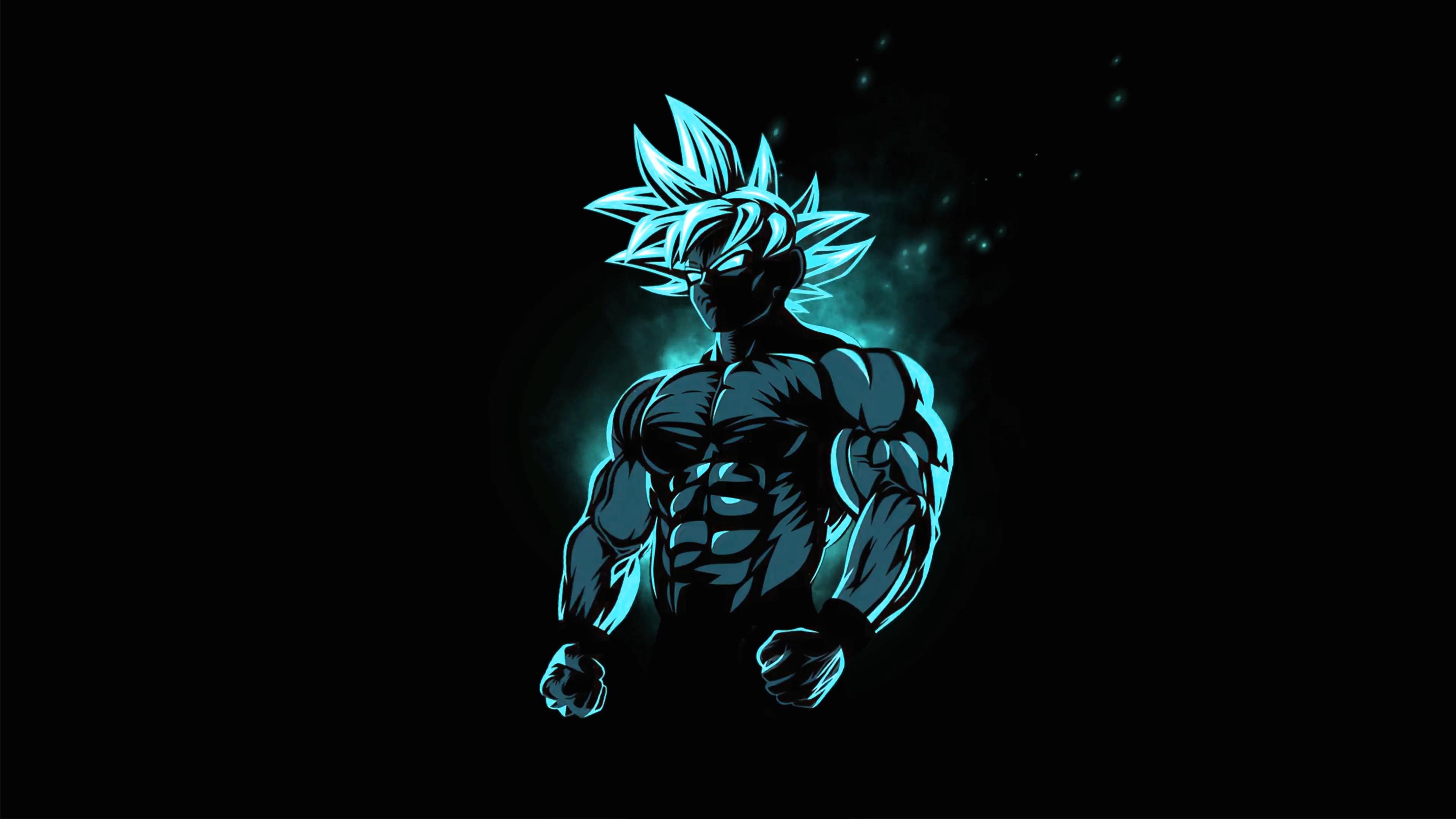 A stylized illustration of Goku, a character from the anime Dragon Ball, with glowing blue highlights and a muscular physique against a dark background