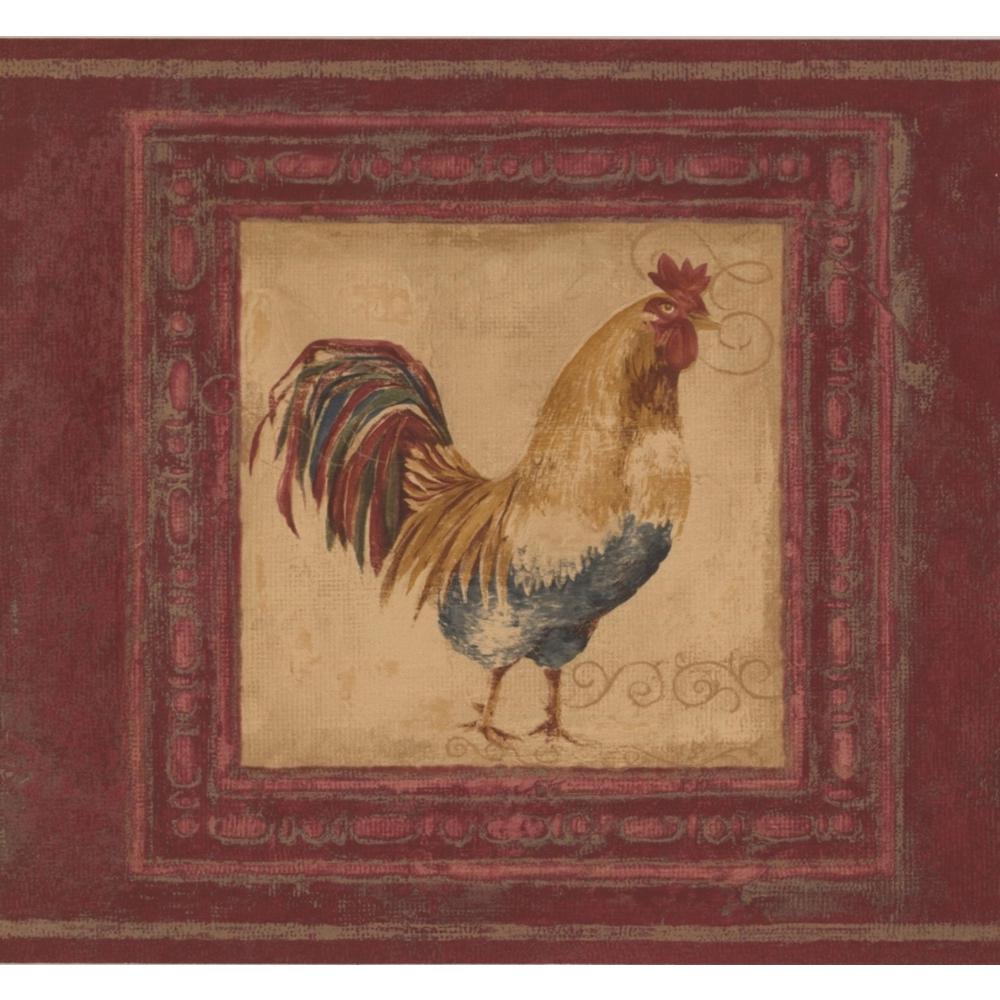 Retro Art Roosters in Pictures Cherry Red Prepasted Wallpaper
