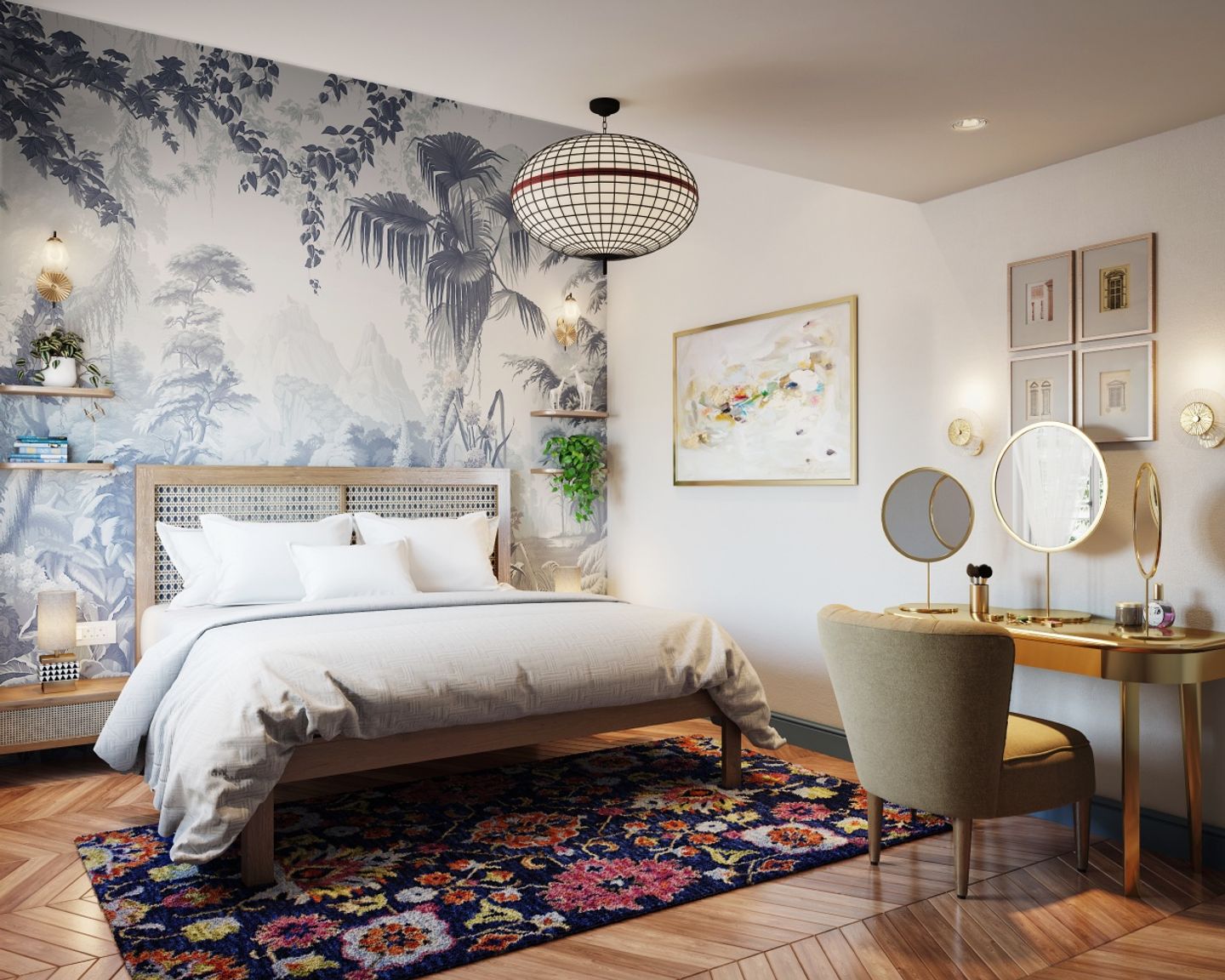 Grey And White Tropical Bedroom Wallpaper Design