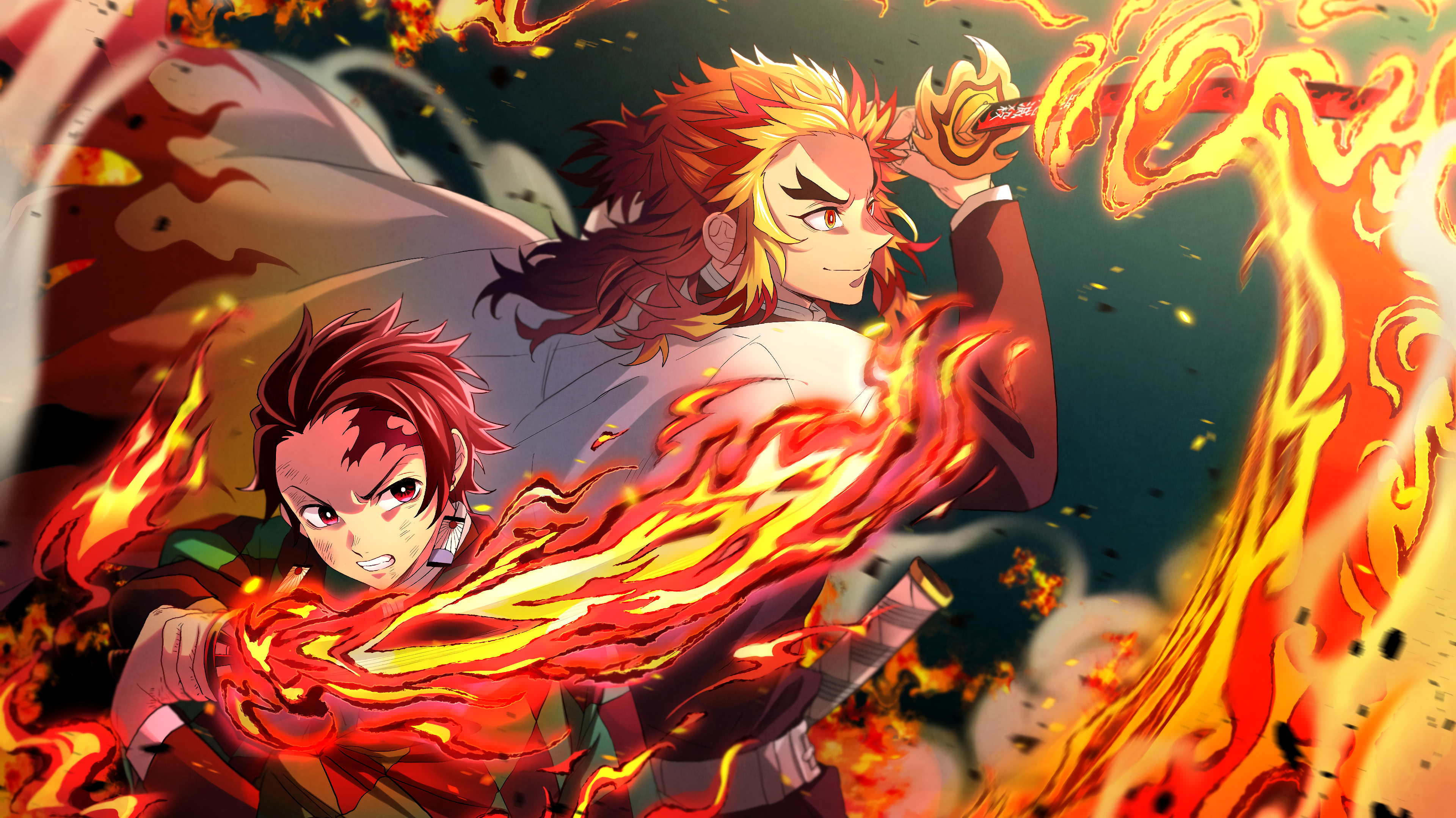 Kimetsu No Yaiba Tanjiro Kamado And Kyojuro Rengoku Flames Katana UHD Wallpaper