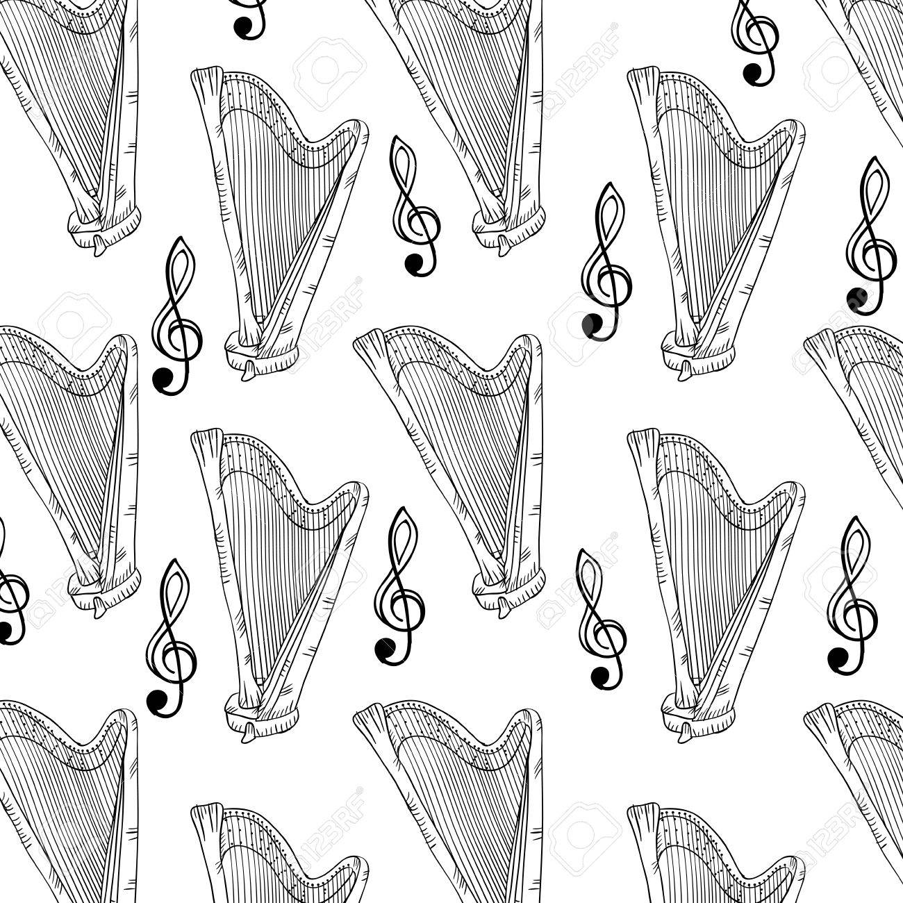 Musical Wallpaper With Music Notes And Classic Harp Instrument