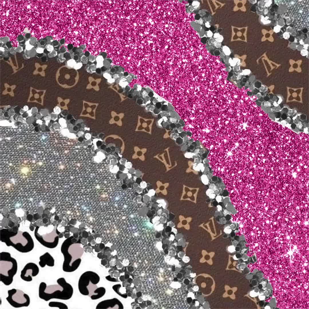 A collage of pink glitter, Louis Vuitton monogram, silver glitter, and leopard print, creating a trendy and glamorous wallpaper