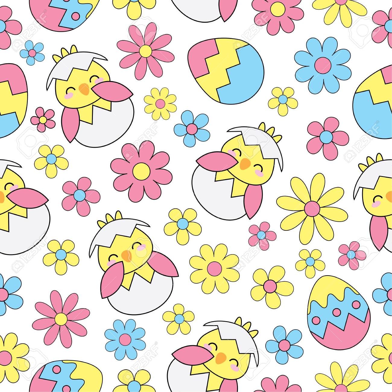 Easter Seamless Background With Cute Chick Eggs And Flowers
