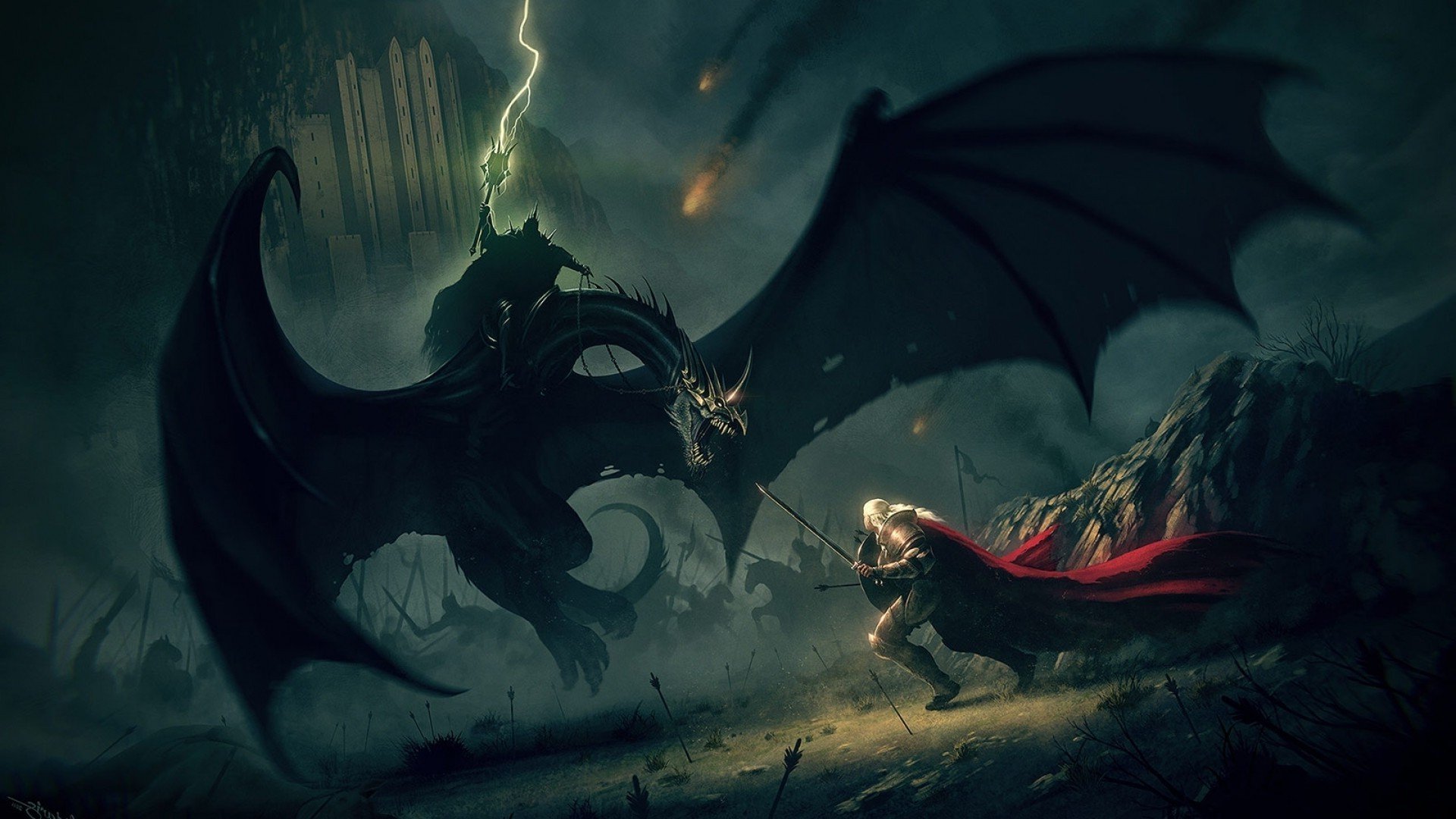 A dramatic depiction of a battle scene from Lord of the Rings, featuring a dark dragon ridden by a cloaked figure, facing off against a warrior with a sword and shield, amidst a stormy backdrop and a ruined fortress