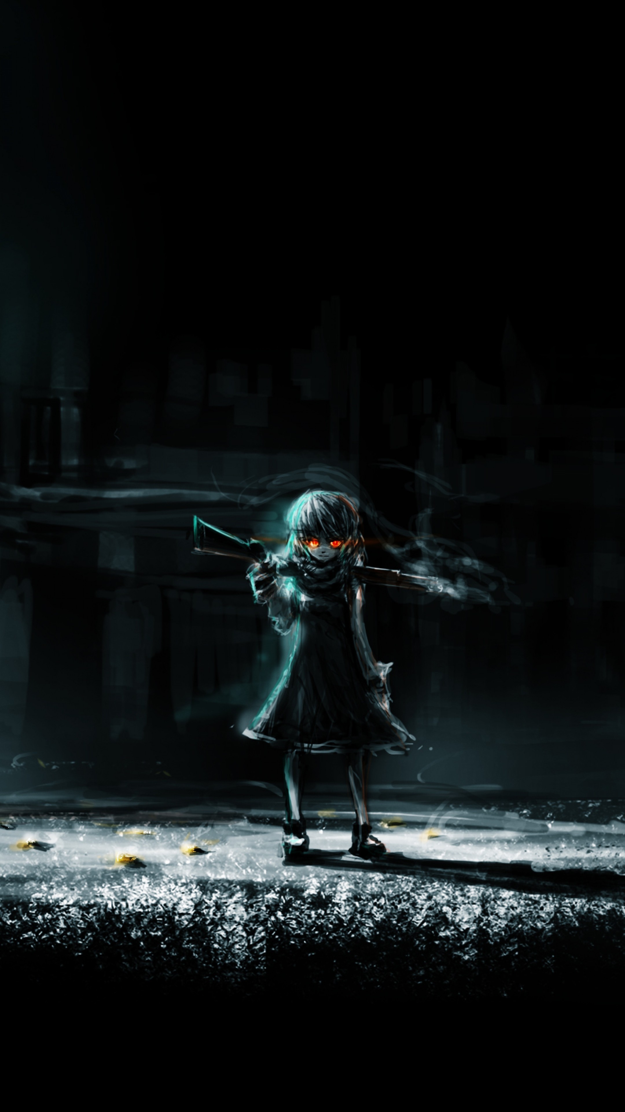 A dark anime girl with glowing red eyes stands in a dimly lit, desolate urban setting, holding a rifle. Spent shell casings litter the ground around her, adding to the grim atmosphere