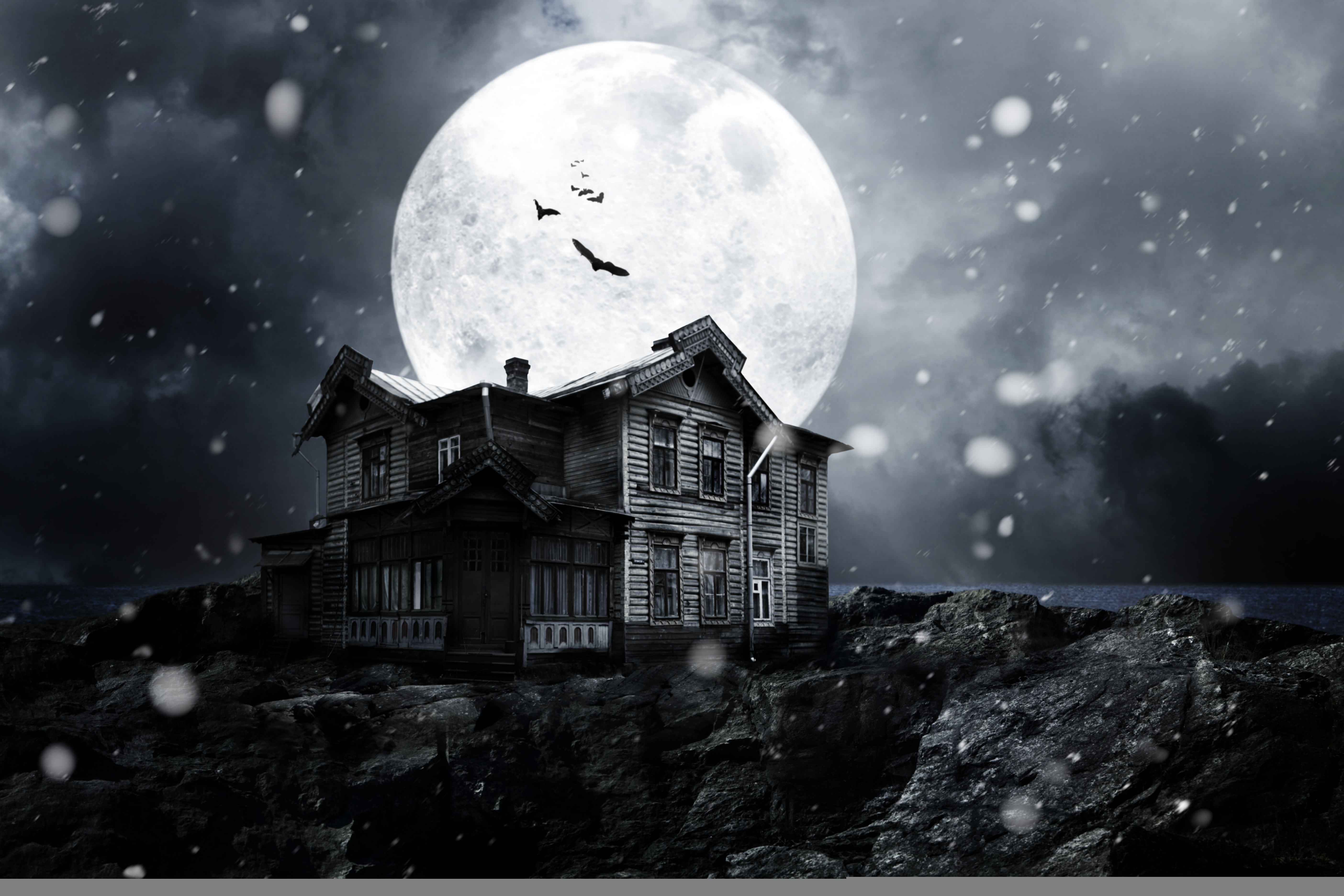 Wallpaper Haunted House Full Moon Moonlight Bats Snow Night