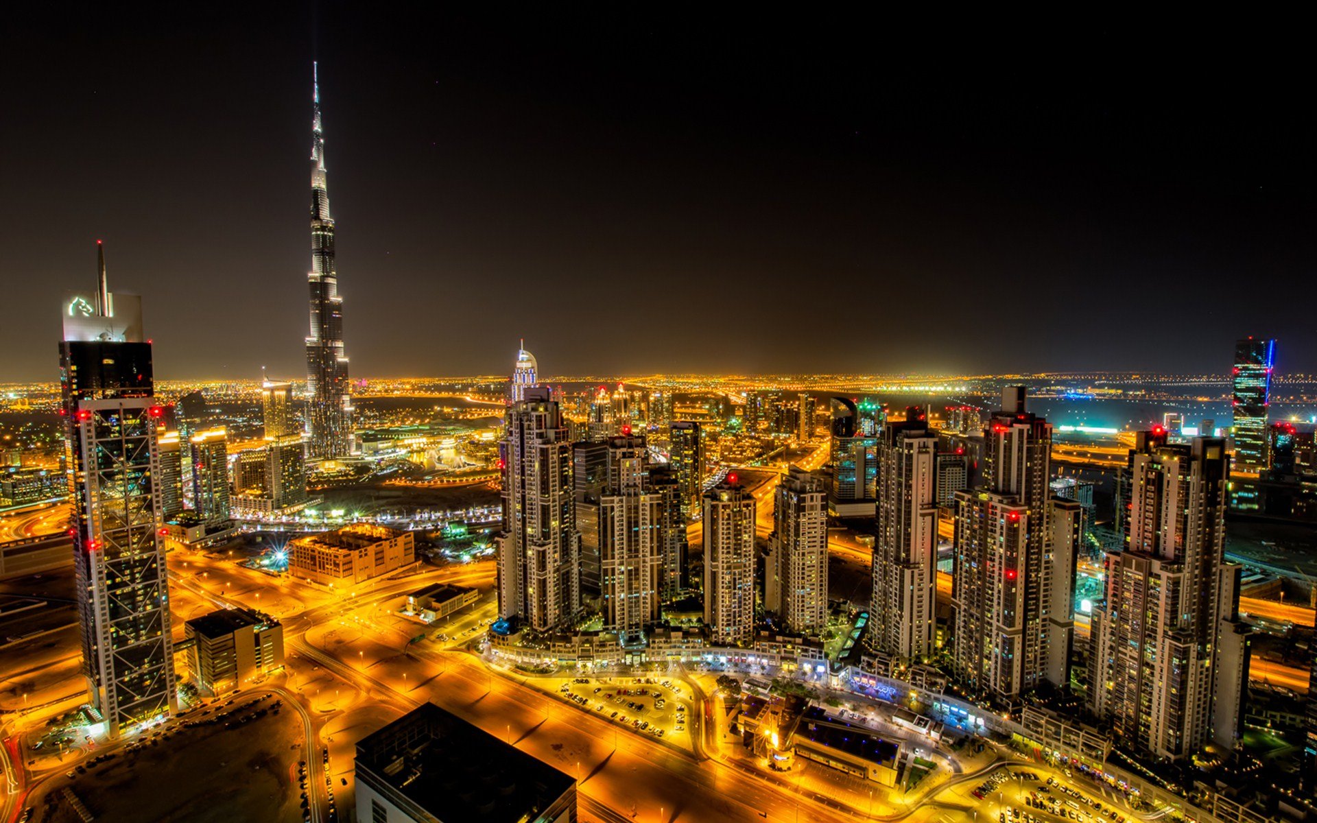 Dubai City Night Road Building HD Wallpaper