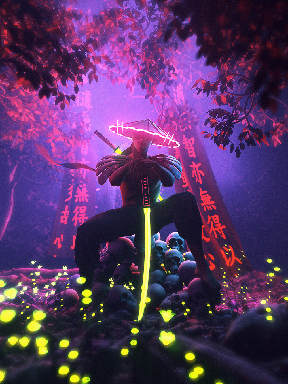 Neon Samurai On Wallpaper Artwork