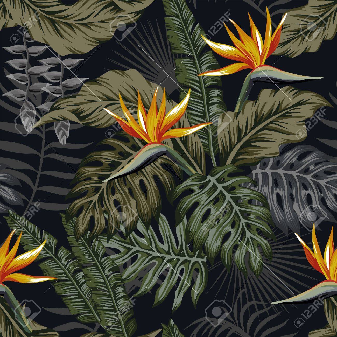 Night Jungle Tropical Seamless Pattern Plants And Flowers Dark