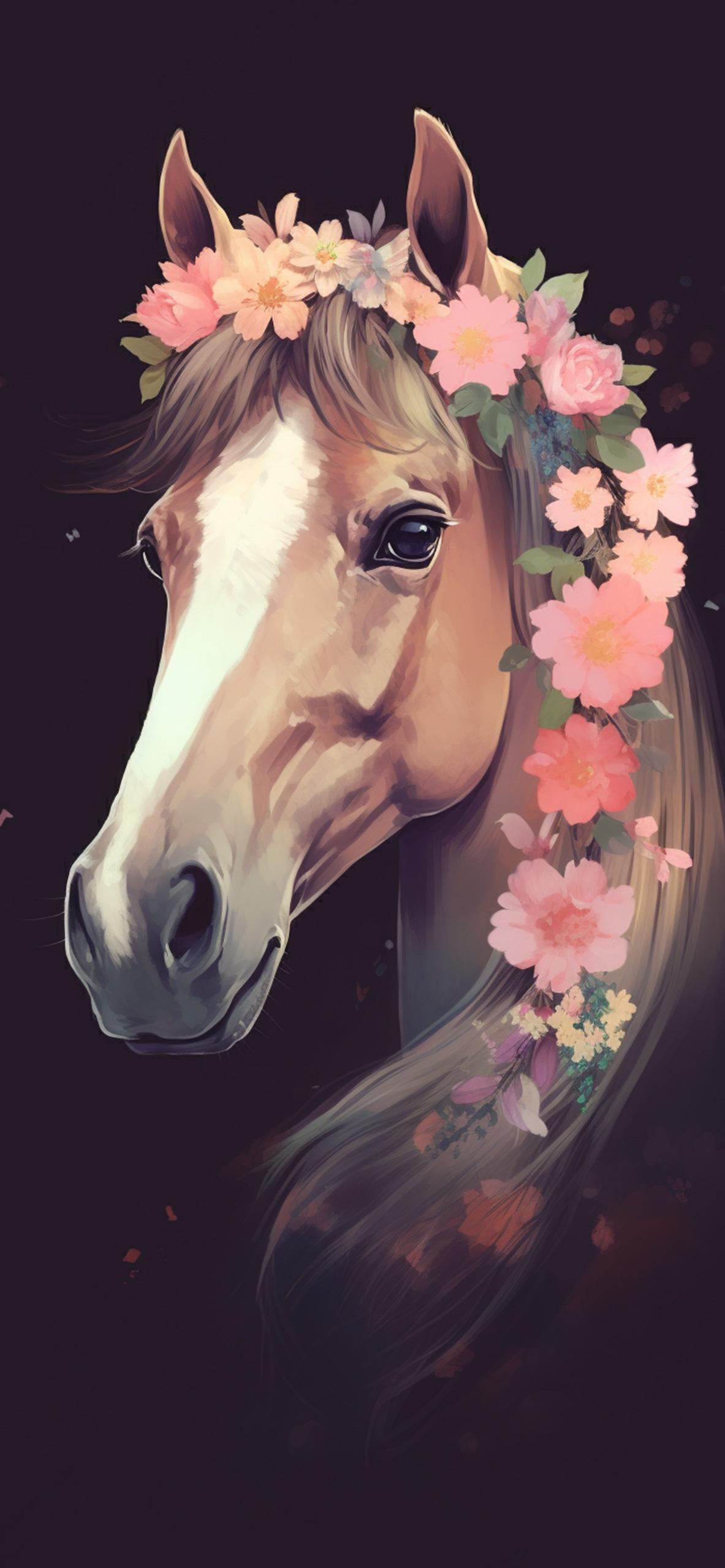 Horse With Flowers Dark Wallpaper iPhone 4k