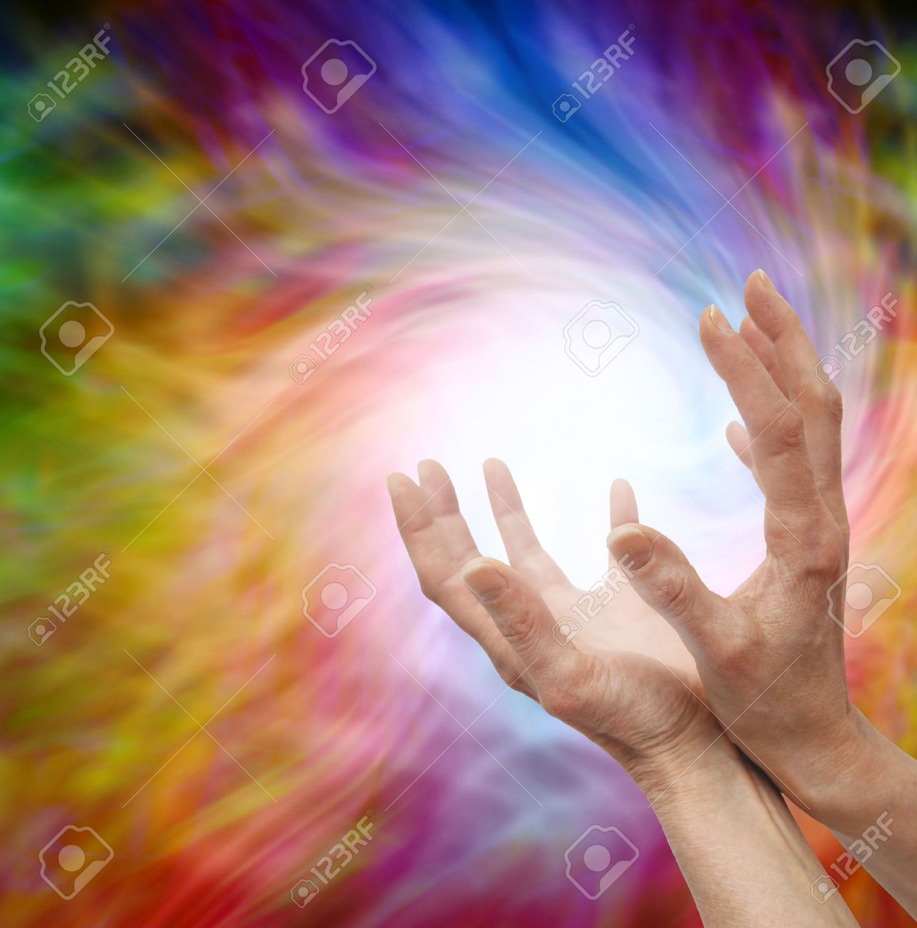Outstretched Healing Hands On Vortex Swirling Energy Background