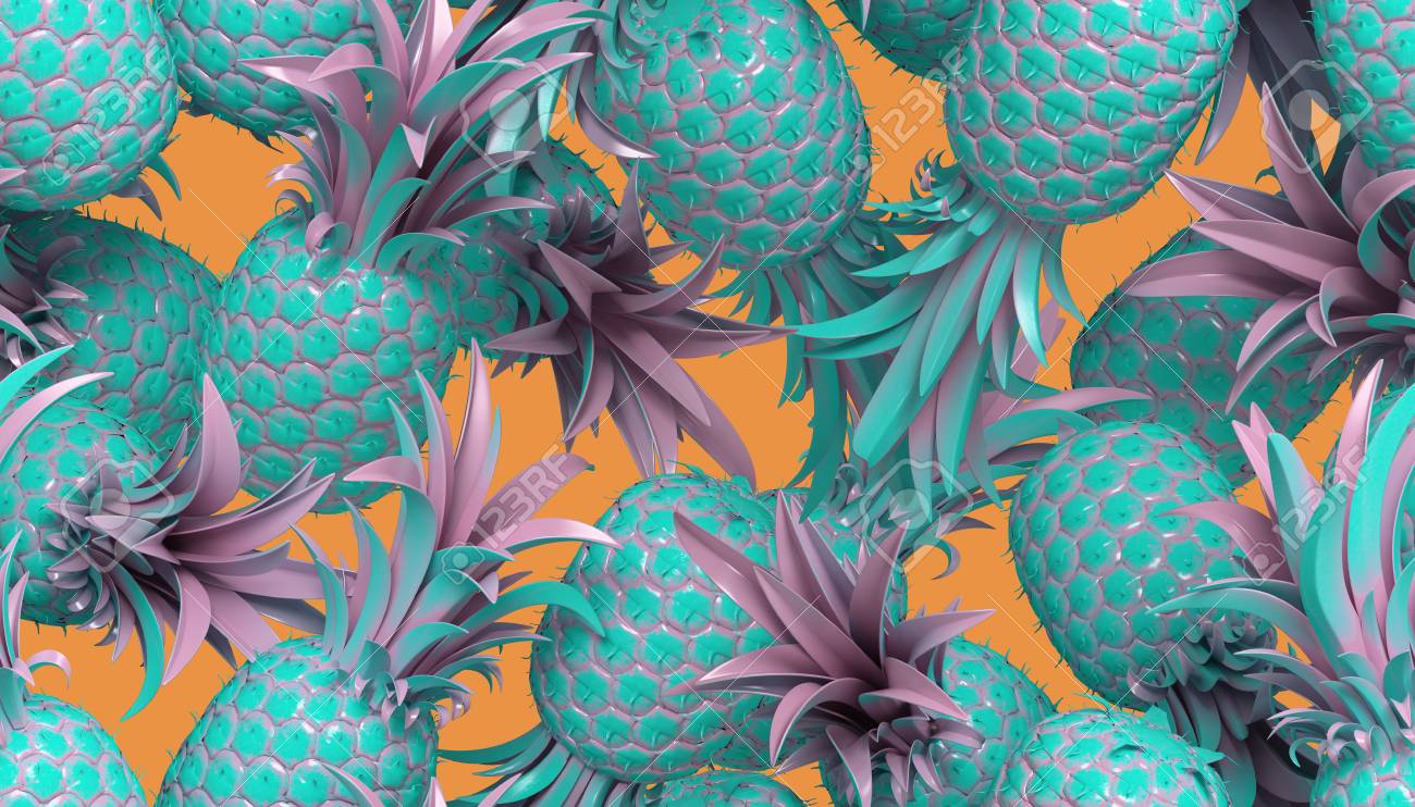 3d Rendering Of Bright Tiki Style Seamless Pattern With Pineapples