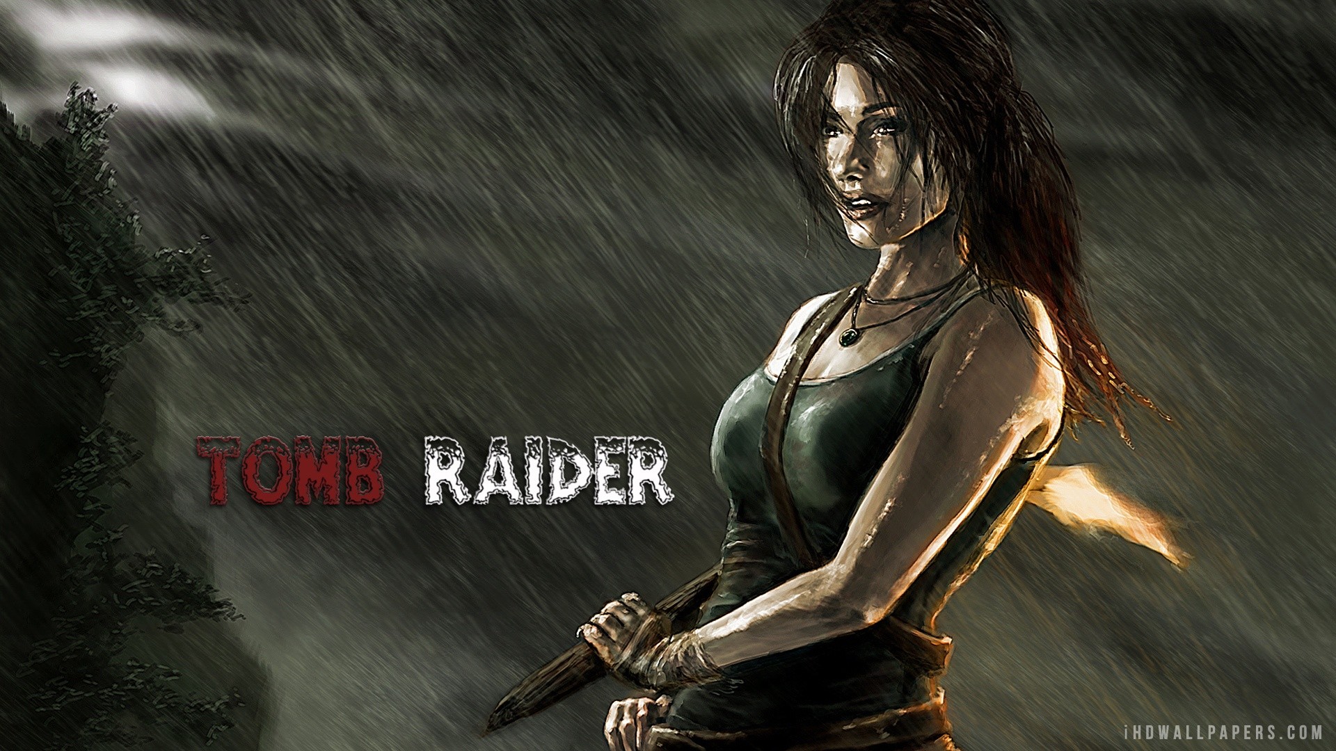 Lara Croft, the Tomb Raider, in a dark, rainy jungle setting