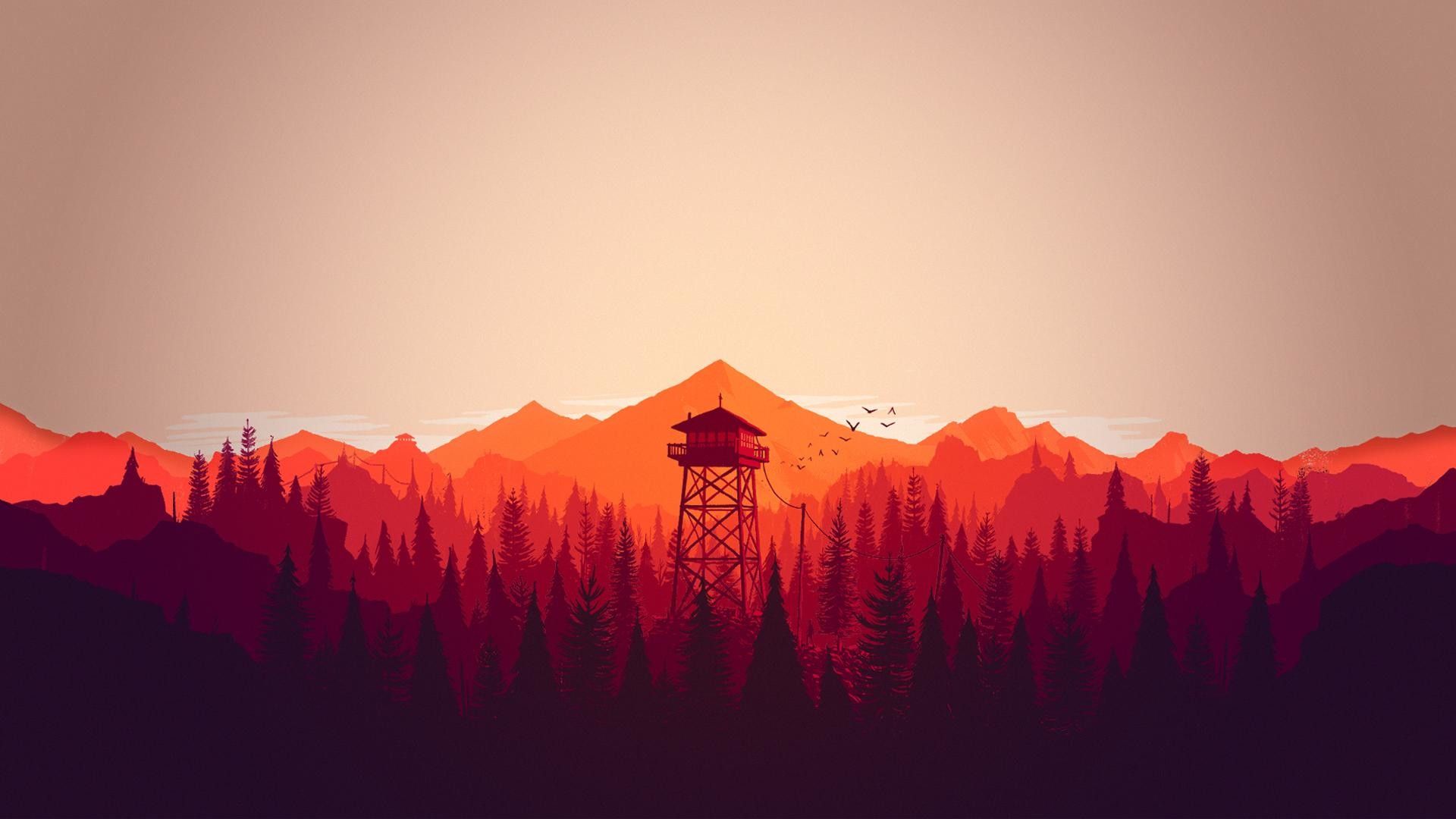 A minimalist 4k wallpaper featuring a fire lookout tower silhouetted against a backdrop of a vibrant sunset over a mountain range and coniferous forest