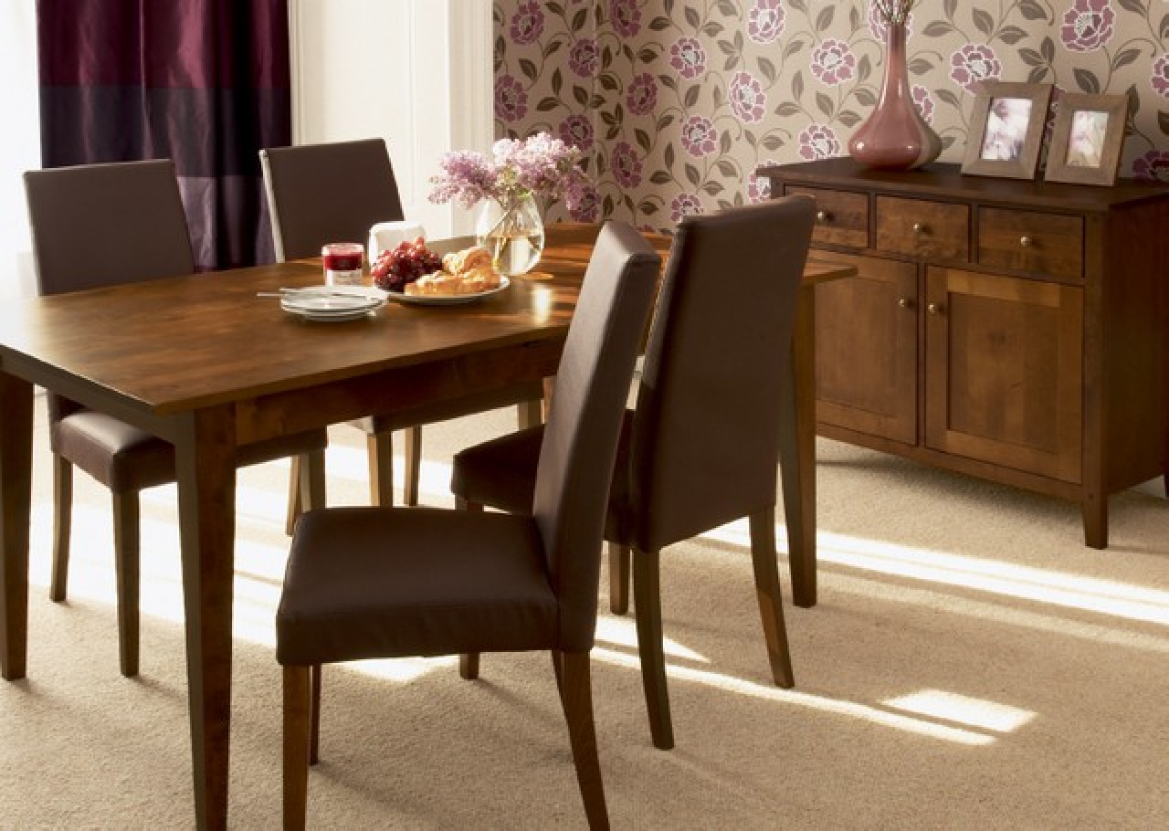 Dining room with pink floral wallpaper chocolate chairs dining room 1280x910