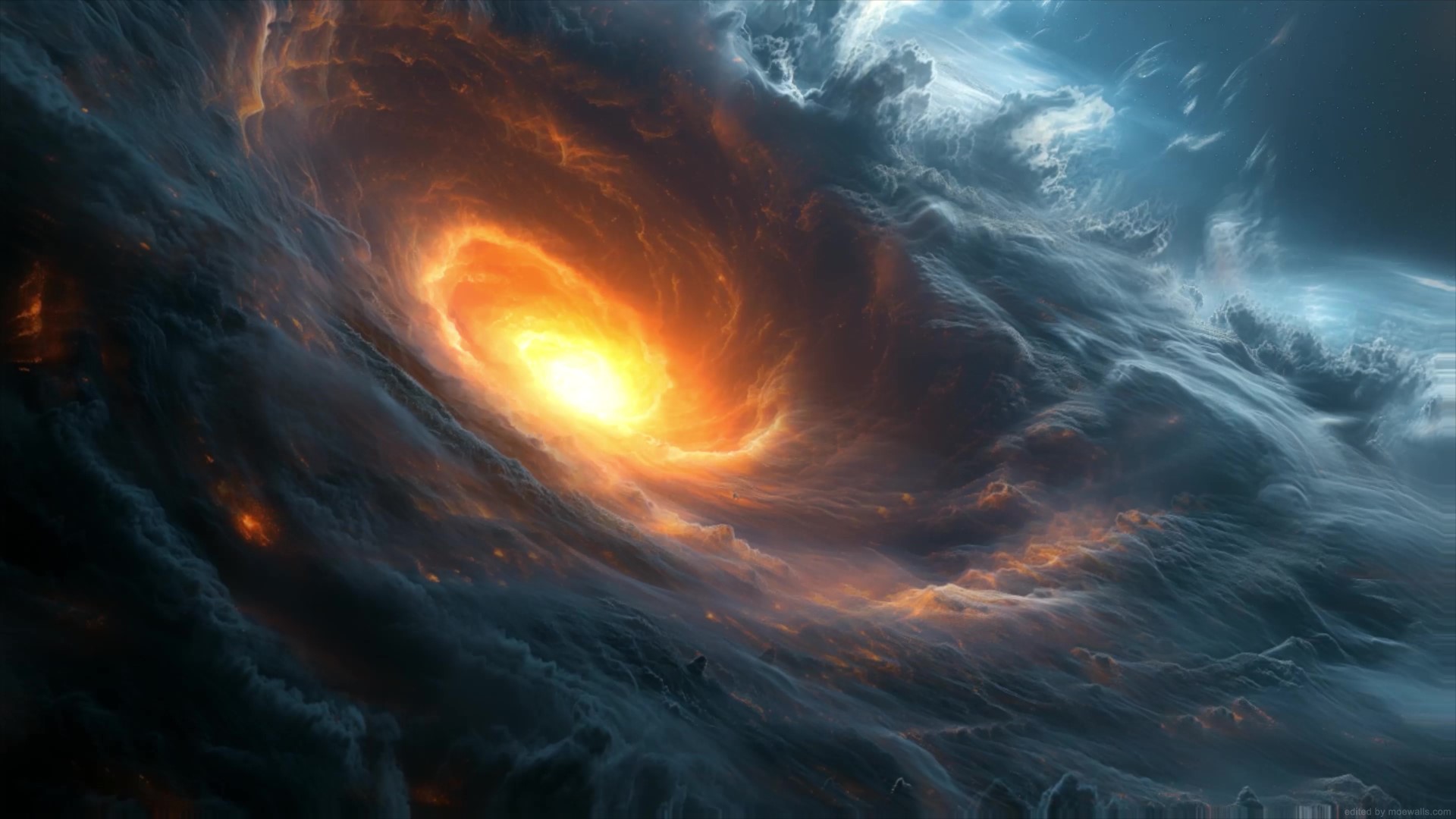 Dramatic live wallpaper featuring a swirling vortex of fiery orange clouds against a backdrop of dark, stormy clouds