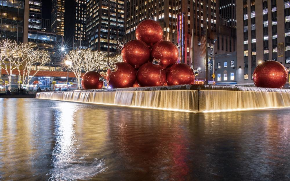 Red Christmas baubles water fountain photo Free New york Image