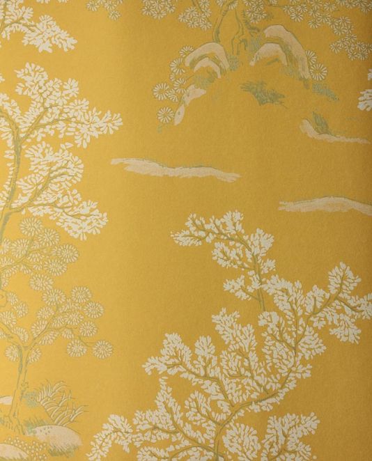 Wallpaper Yellow With White And Green Chinese Tree Design