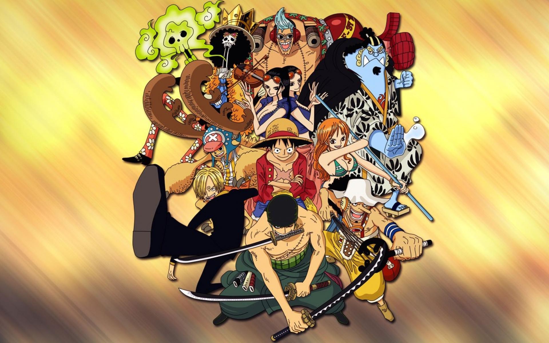 A vibrant collage of One Piece characters in dynamic poses, showcasing the Straw Hat Crew and other prominent figures