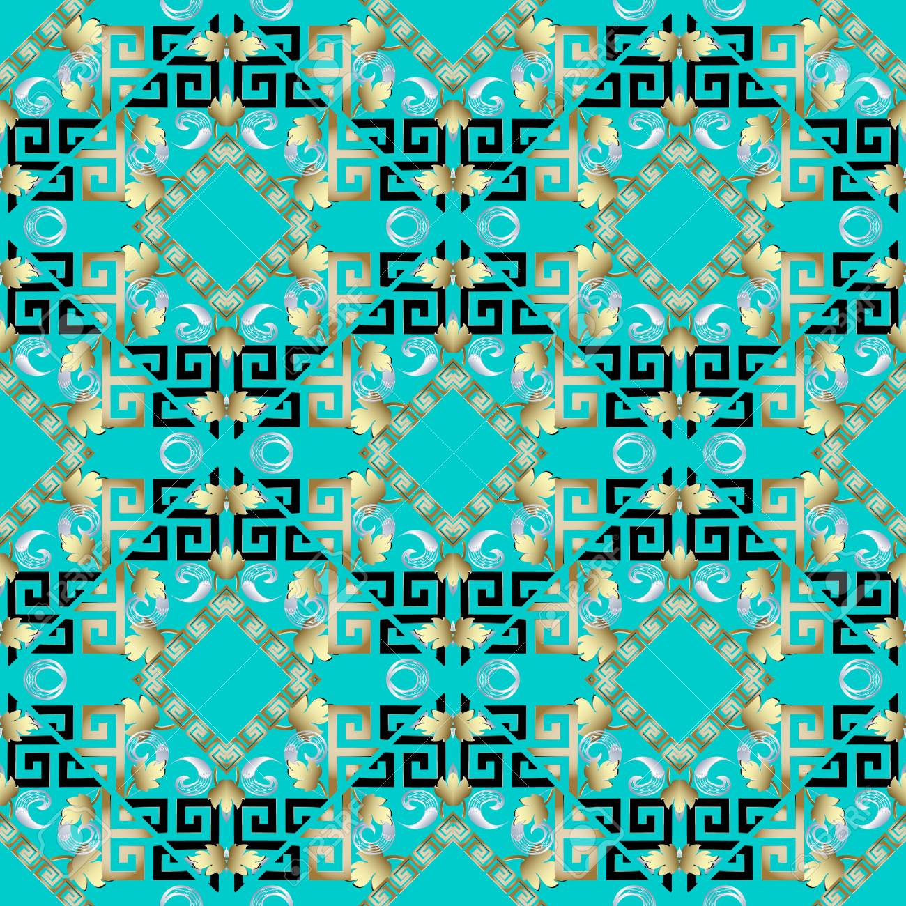 Turquoise Modern Greek Key Seamless Pattern Vector Floral Gold