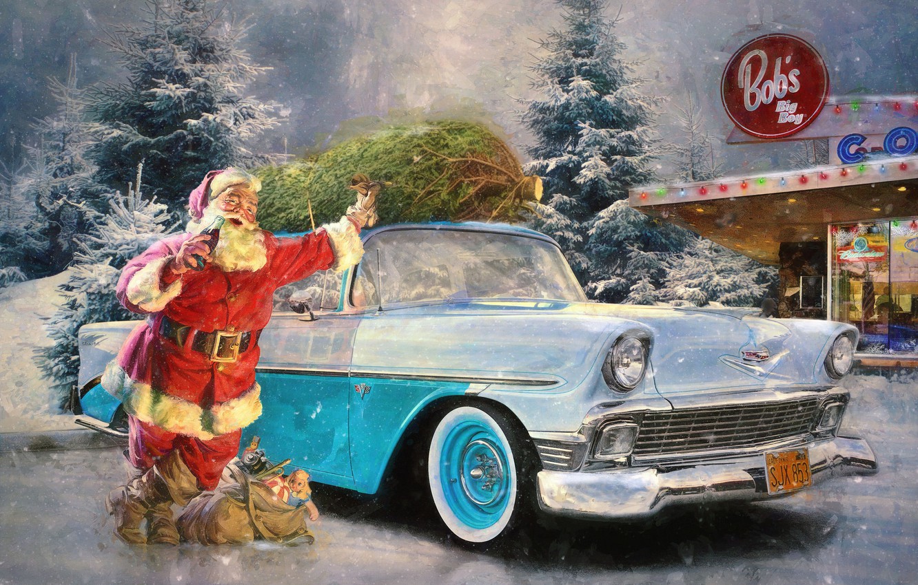 Wallpaper winter snow retro holiday gifts car Santa Claus