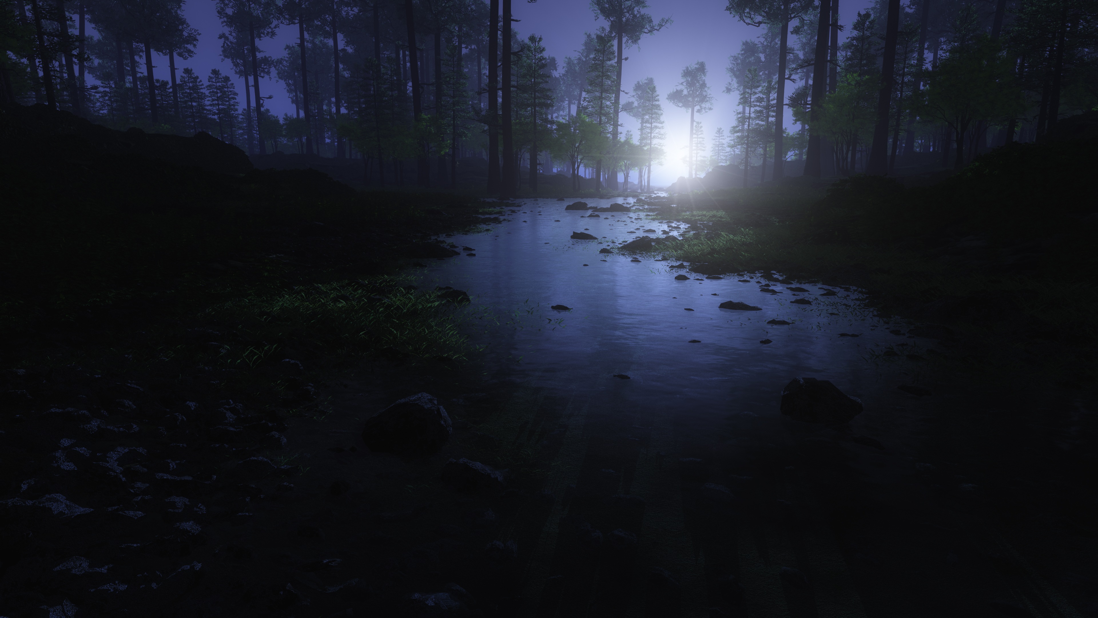 Eerie Moon Shining Forest River 4k Ultra HD Desktop Wallpaper