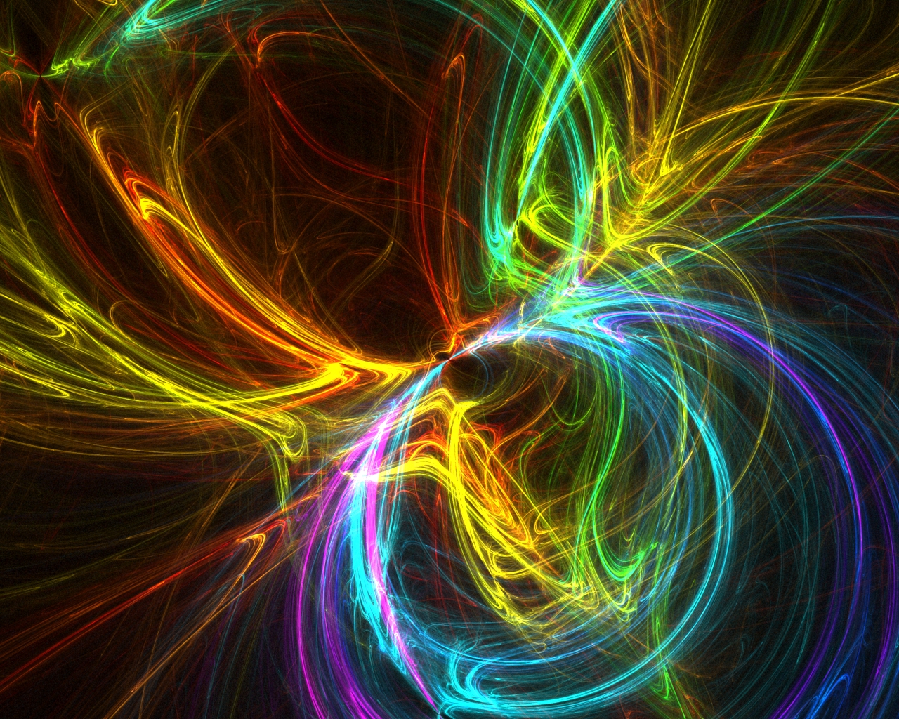 A vibrant abstract wallpaper with swirling lines of light in rainbow colors against a dark background