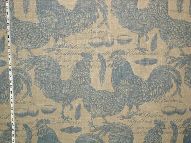 Chicken Rooster Toile Fabric Document Script Blue Turquoise From Brick