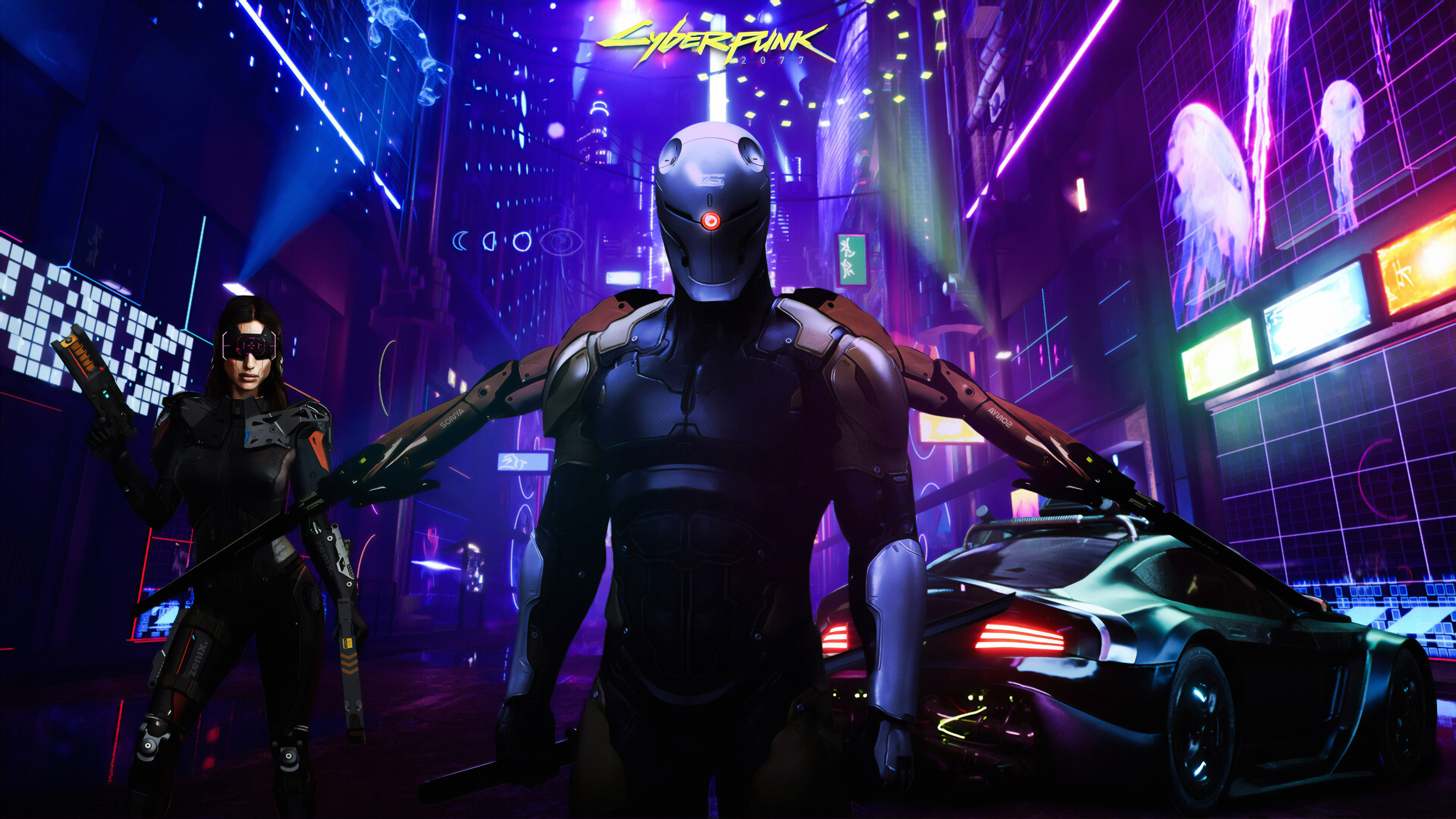 A cyberpunk scene with a cyborg, a woman with futuristic weaponry, and a futuristic car on a neon-lit street