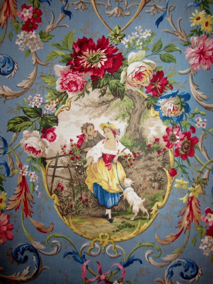 Blue Cameo French Country Chic Toile Fabric Romantic Roses