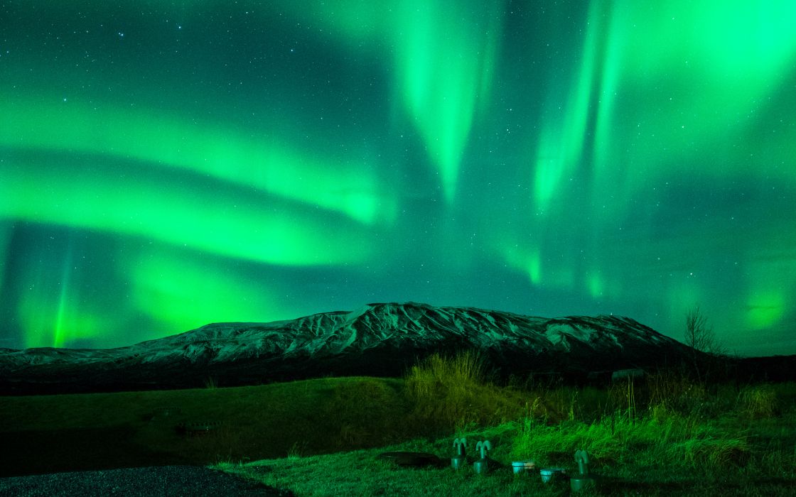 Aurora Borealis Northern Lights Night Green Stars Mountains