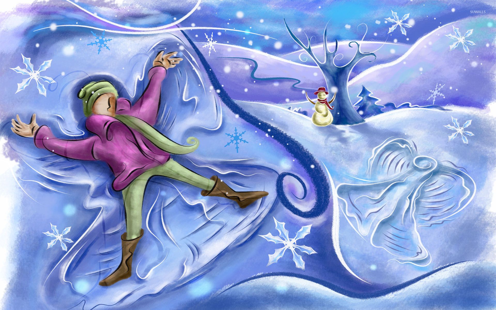 A child makes a snow angel in a snowy landscape, with a snowman in the background. This whimsical winter scene evokes the joy and magic of childhood