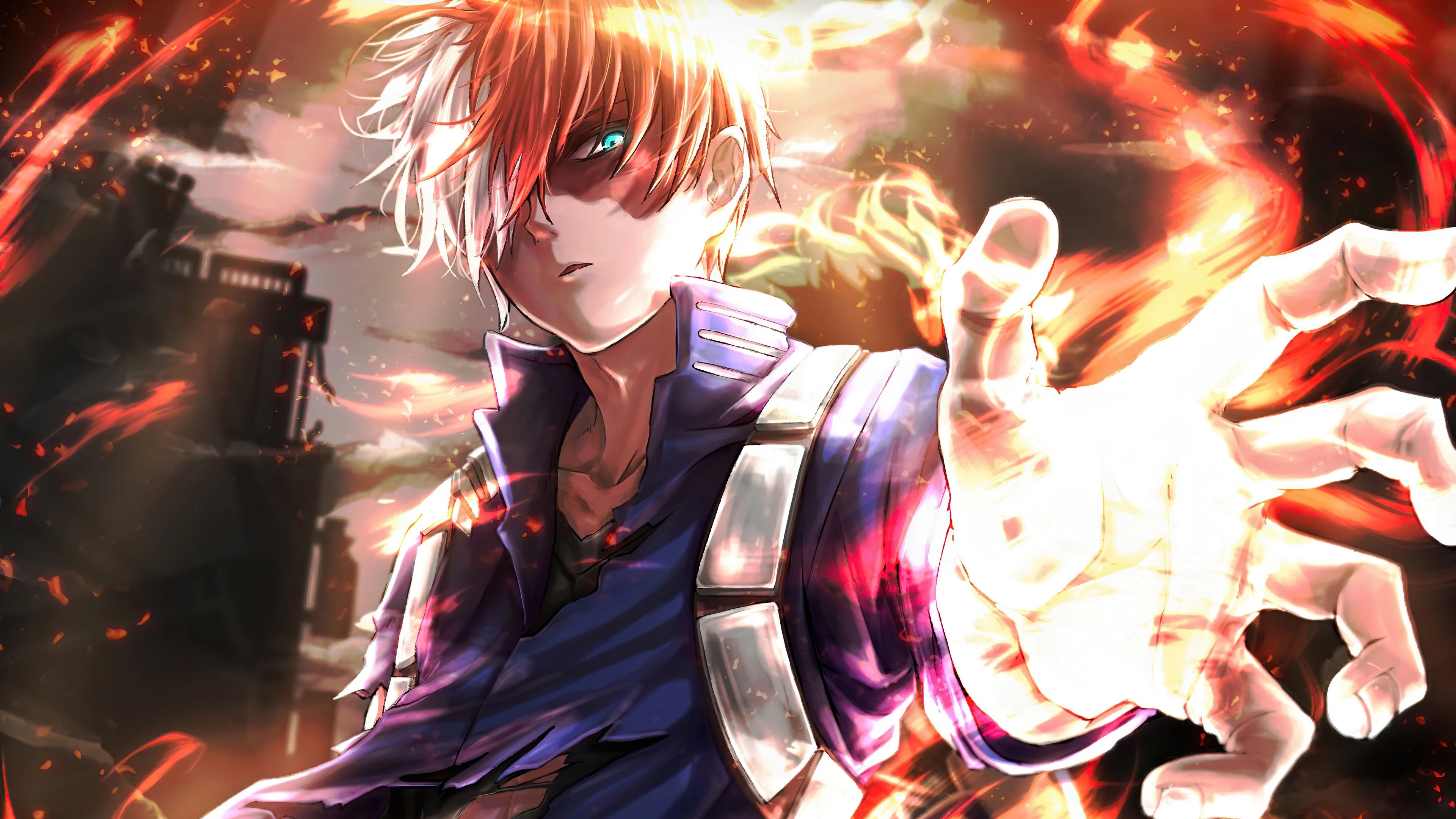 Anime character with fiery powers reaching out, set against a dramatic backdrop
