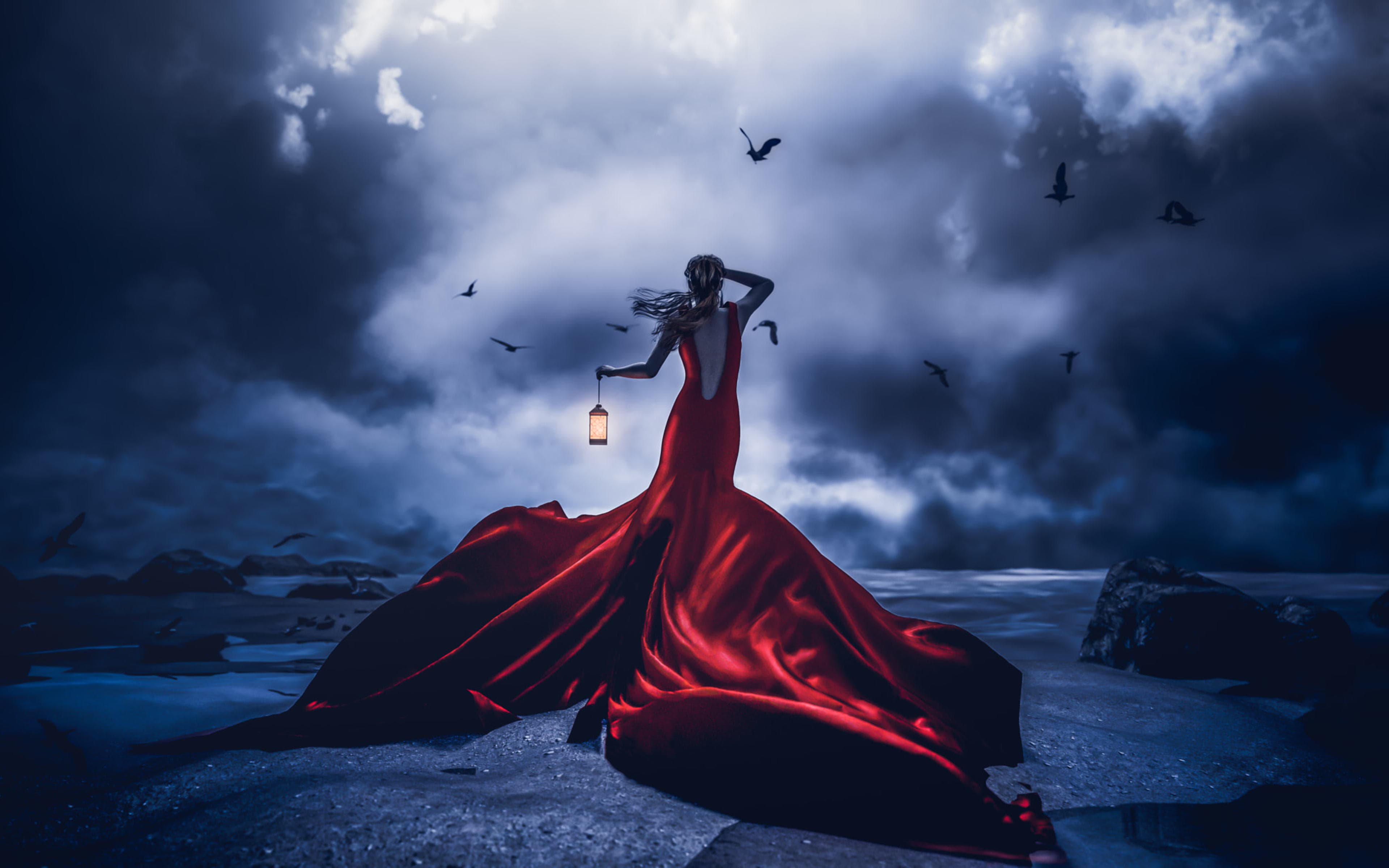 Girl Red Dress Lantern Lost Night Wallpaper And Stock