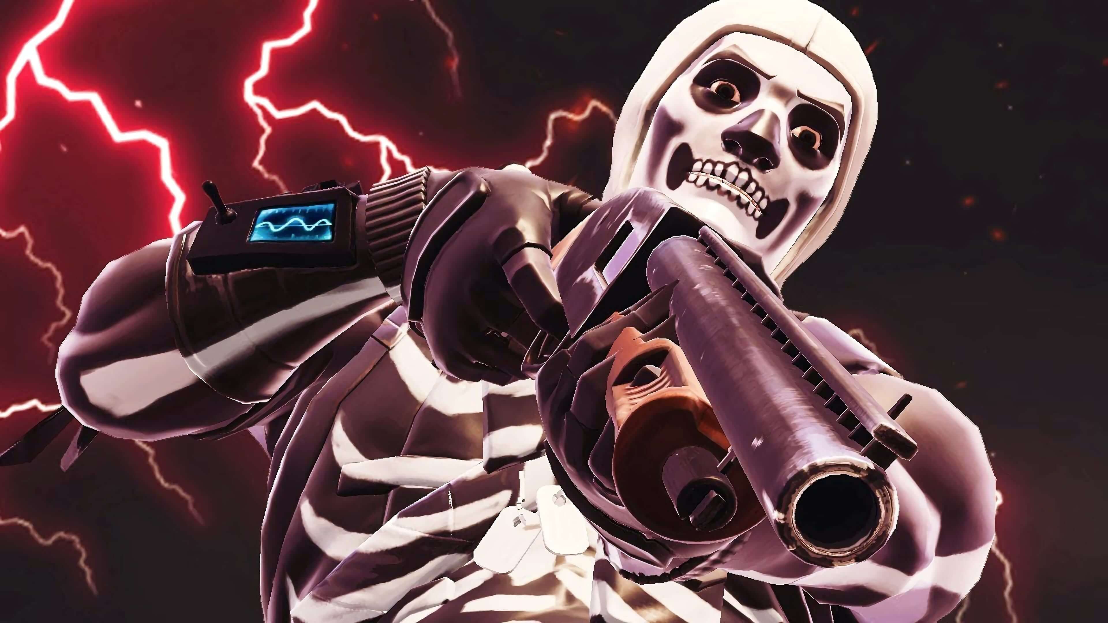A Fortnite character, Skull Trooper, aiming a shotgun with a dramatic lightning background