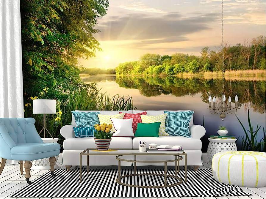 Wall Mural Vibrant Sunset On River Natural Summer Scenery Stock