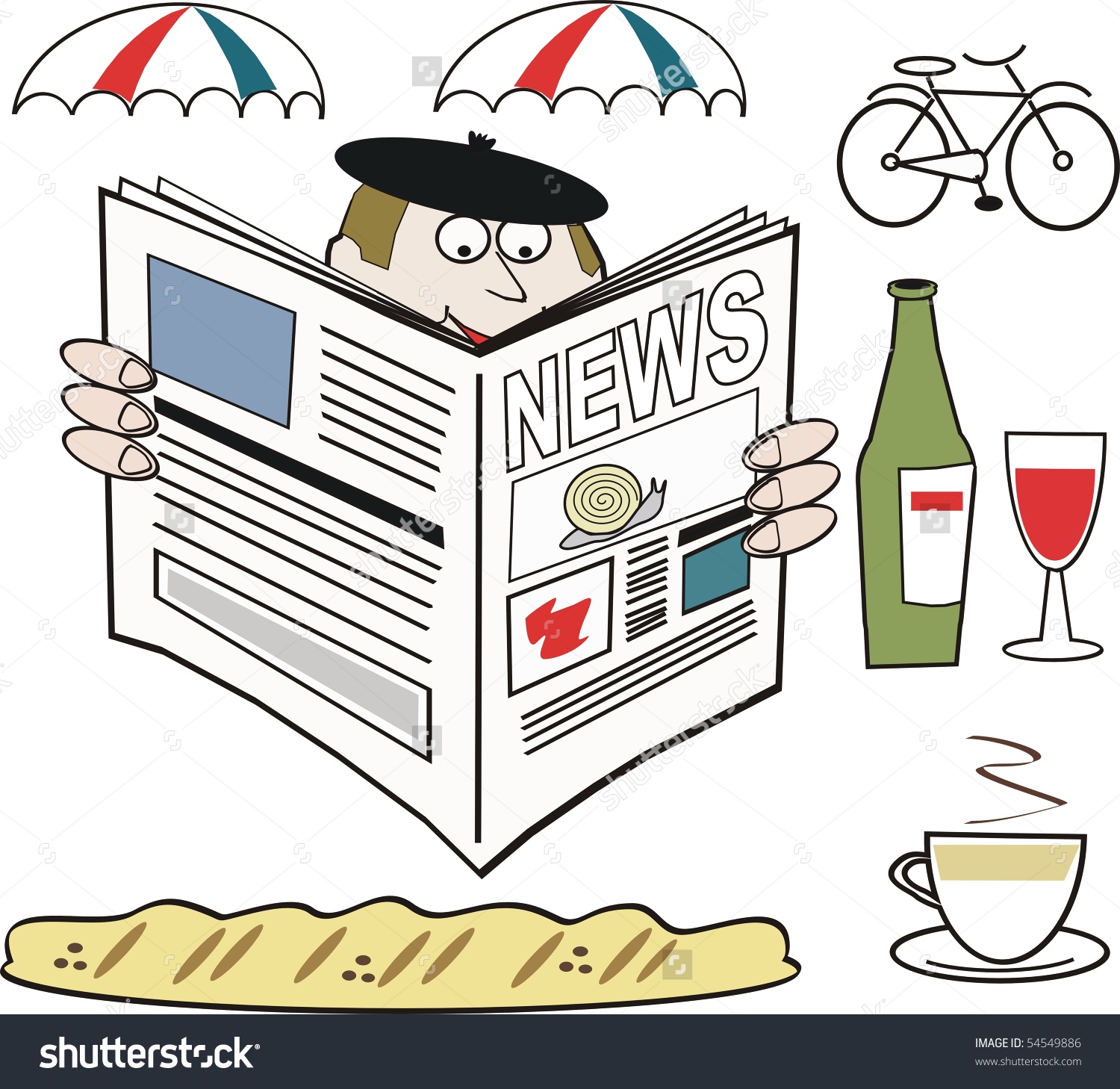 French Man Reading Newspaper With Wine And Bicycle In Background