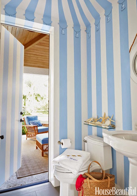 Powder Room Near The Pool Is Painted To Look Like A Cabana With