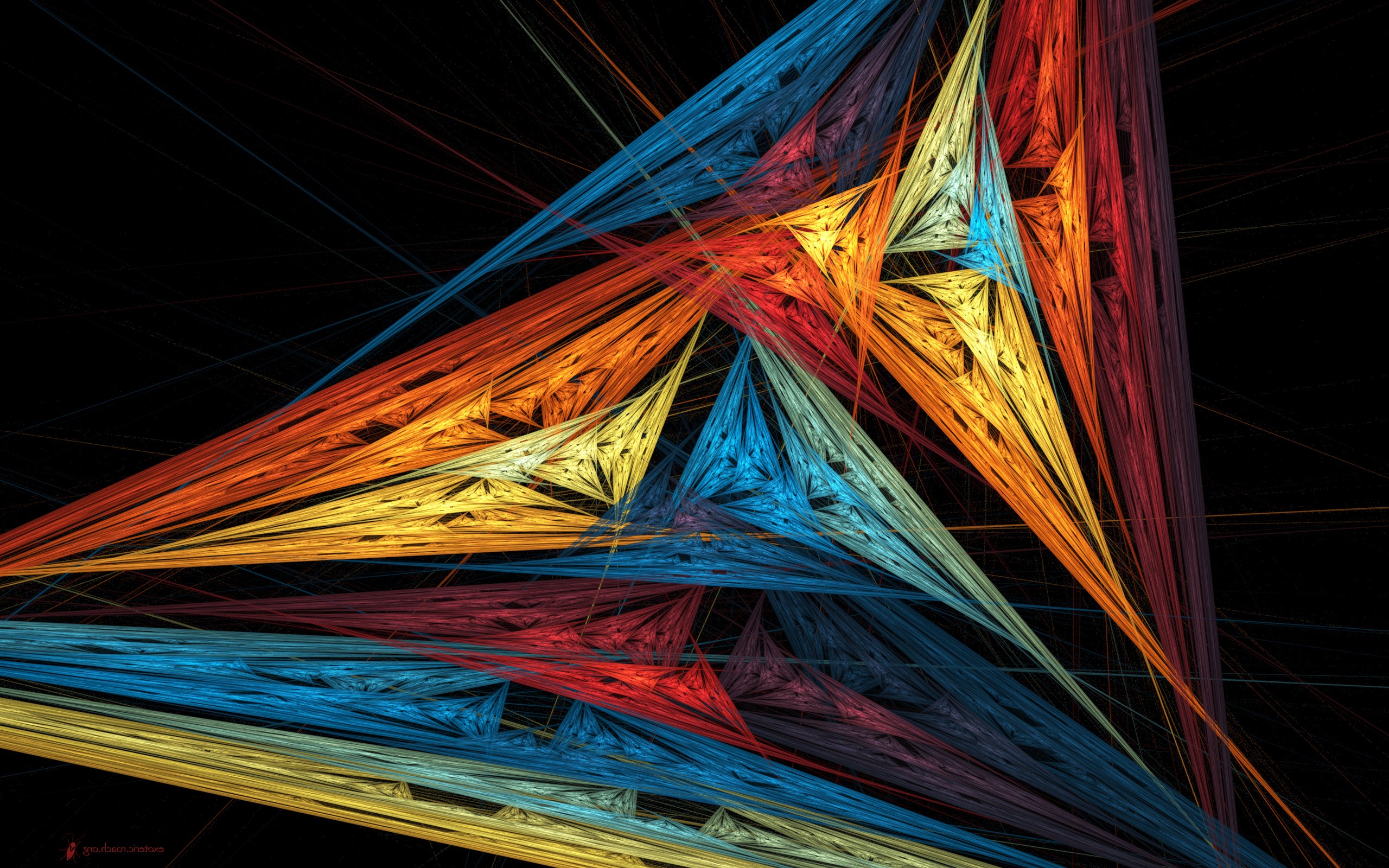 Vivid abstract fractal art with intersecting triangular shapes in a spectrum of colors, creating a dynamic and visually engaging computer background