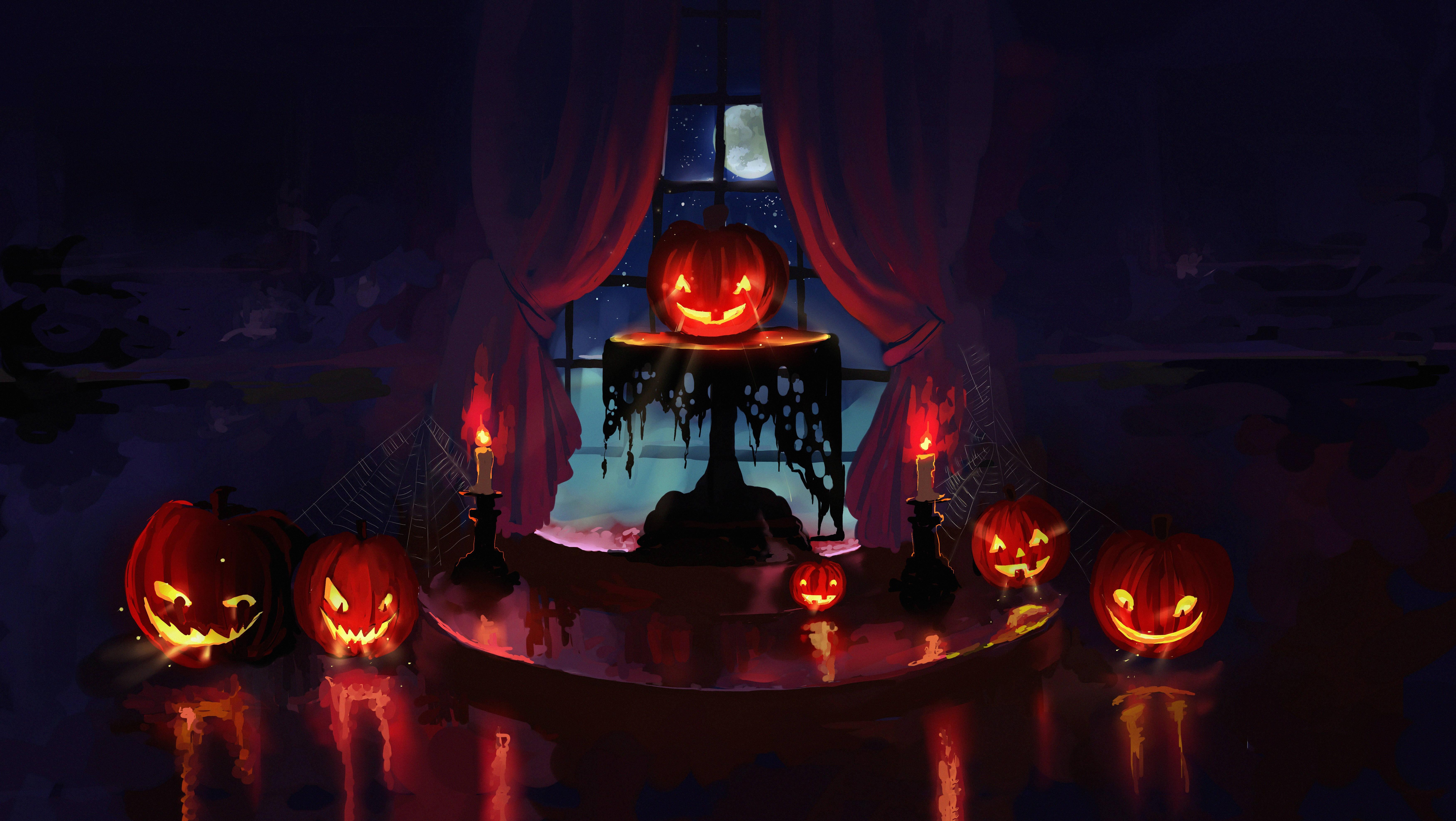 Download A Chilling Halloween Scene featuring Pumpkins and